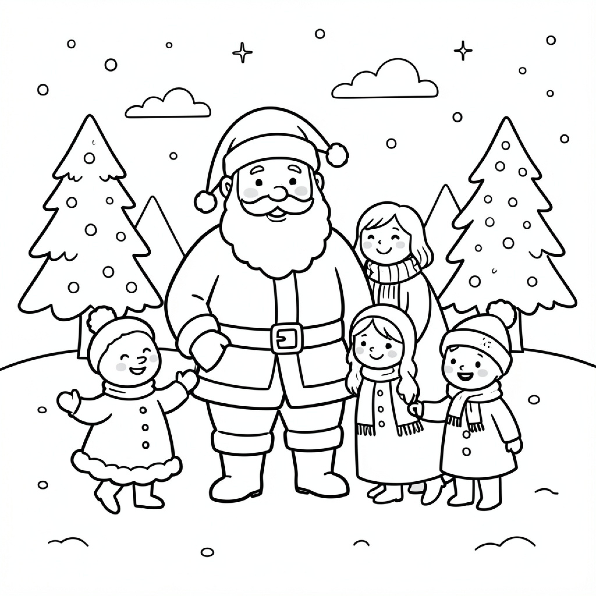 Easy Santa standing with a happy family in snow Drawing Idea (free black-and-white line drawing printable PDF for all, from beginners to advanced learners, including children, teens, adults, and seniors)
