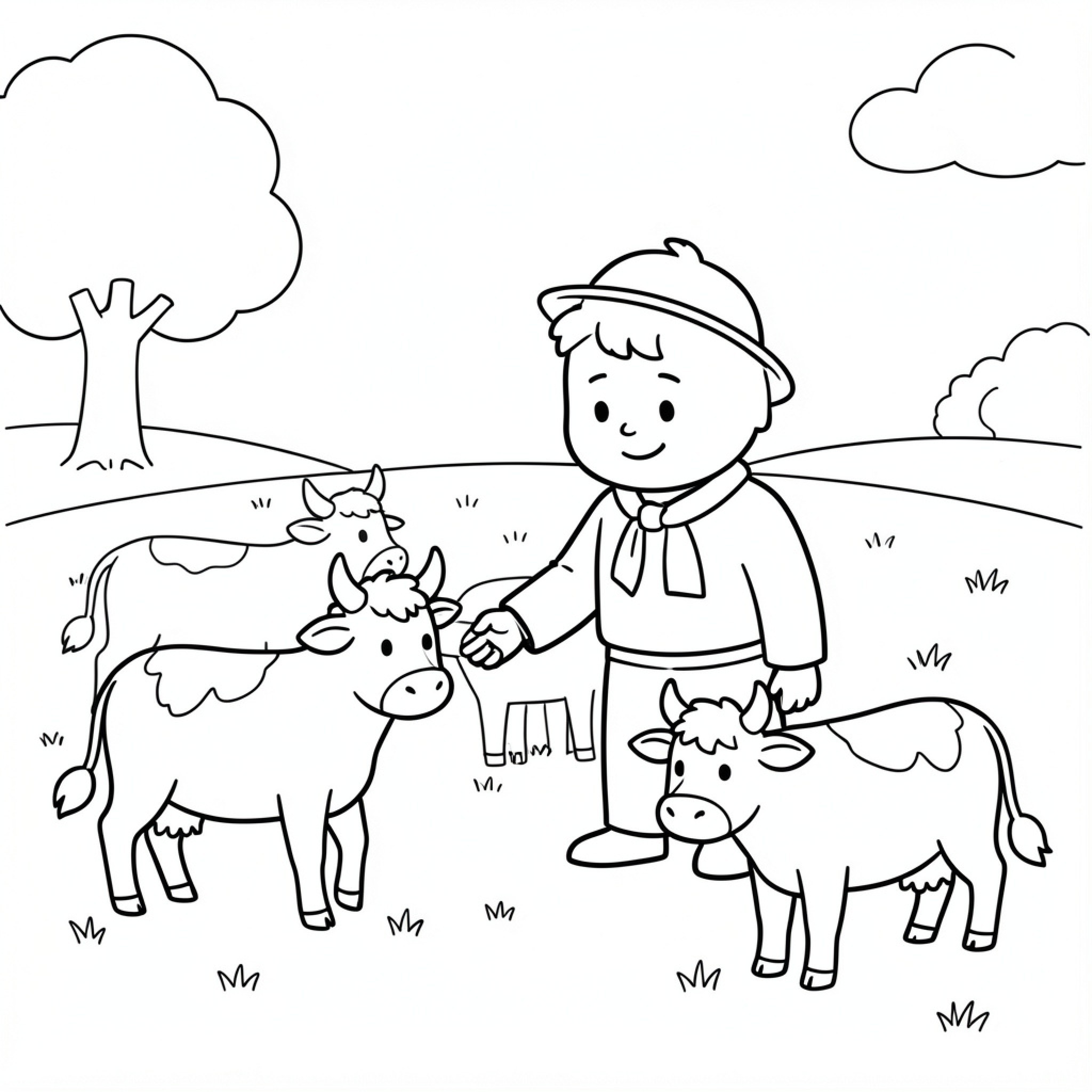 Easy Titus standing with cows in a field Drawing Idea (free black-and-white line drawing printable PDF for all, from beginners to advanced learners, including children, teens, adults, and seniors)