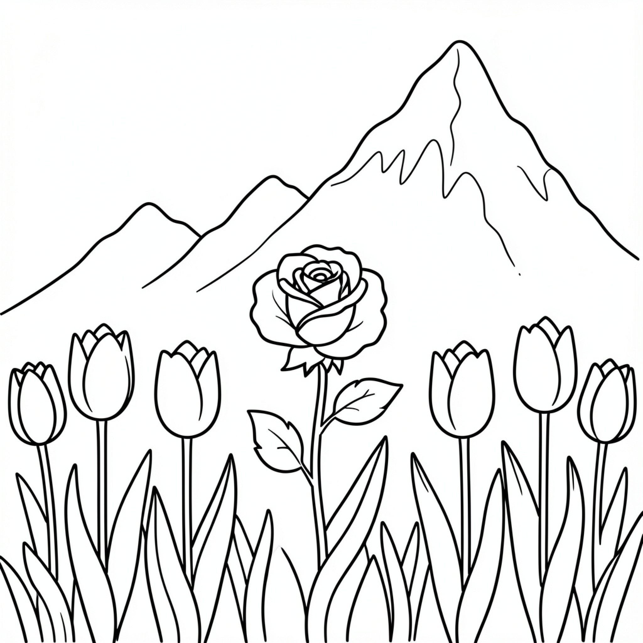 Easy Rose blooming among tulips near mountains Drawing Idea (free black-and-white line drawing printable PDF for all, from beginners to advanced learners, including children, teens, adults, and seniors)