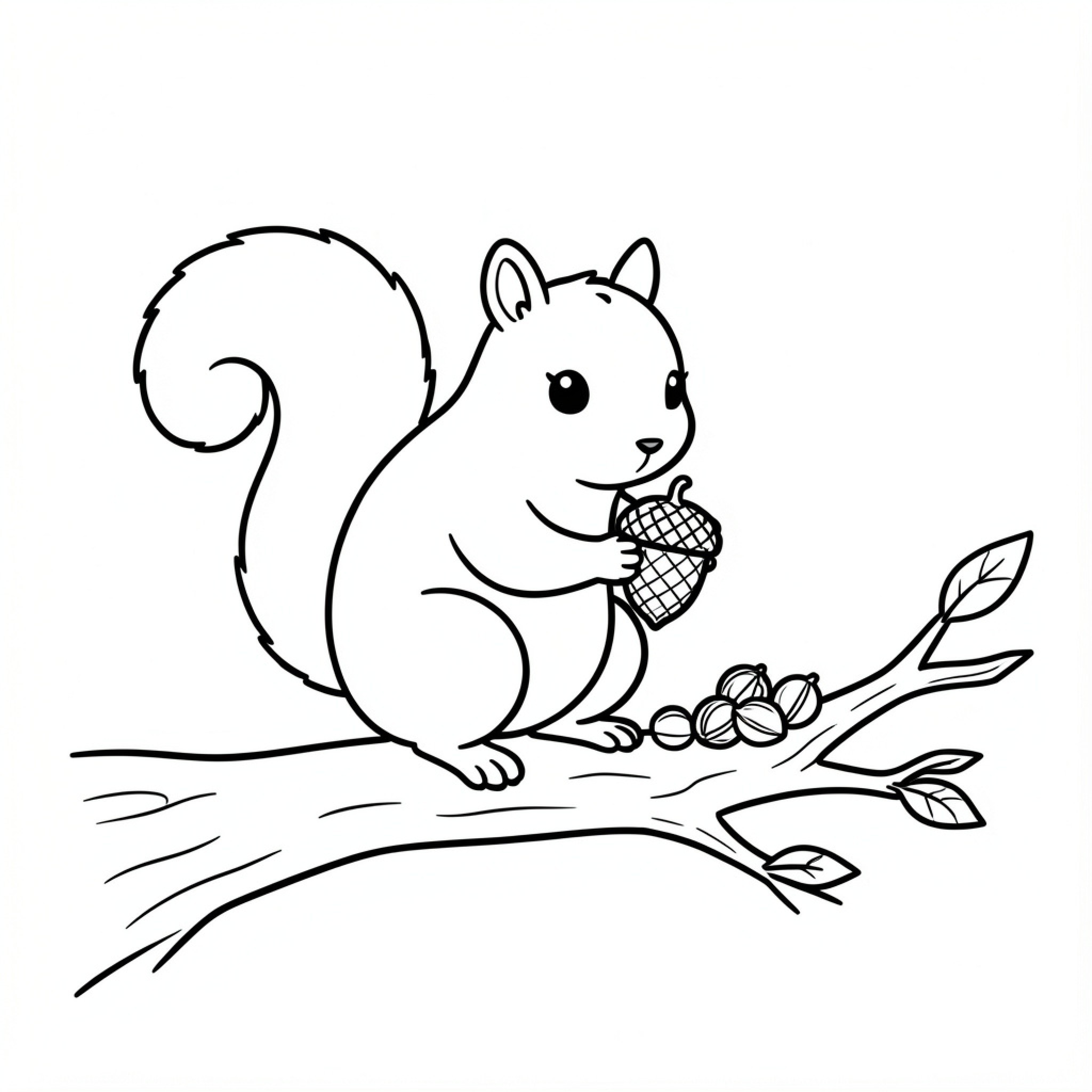 Easy Squirrel holding an acorn on a tree branch Drawing Idea (free black-and-white line drawing printable PDF for all, from beginners to advanced learners, including children, teens, adults, and seniors)