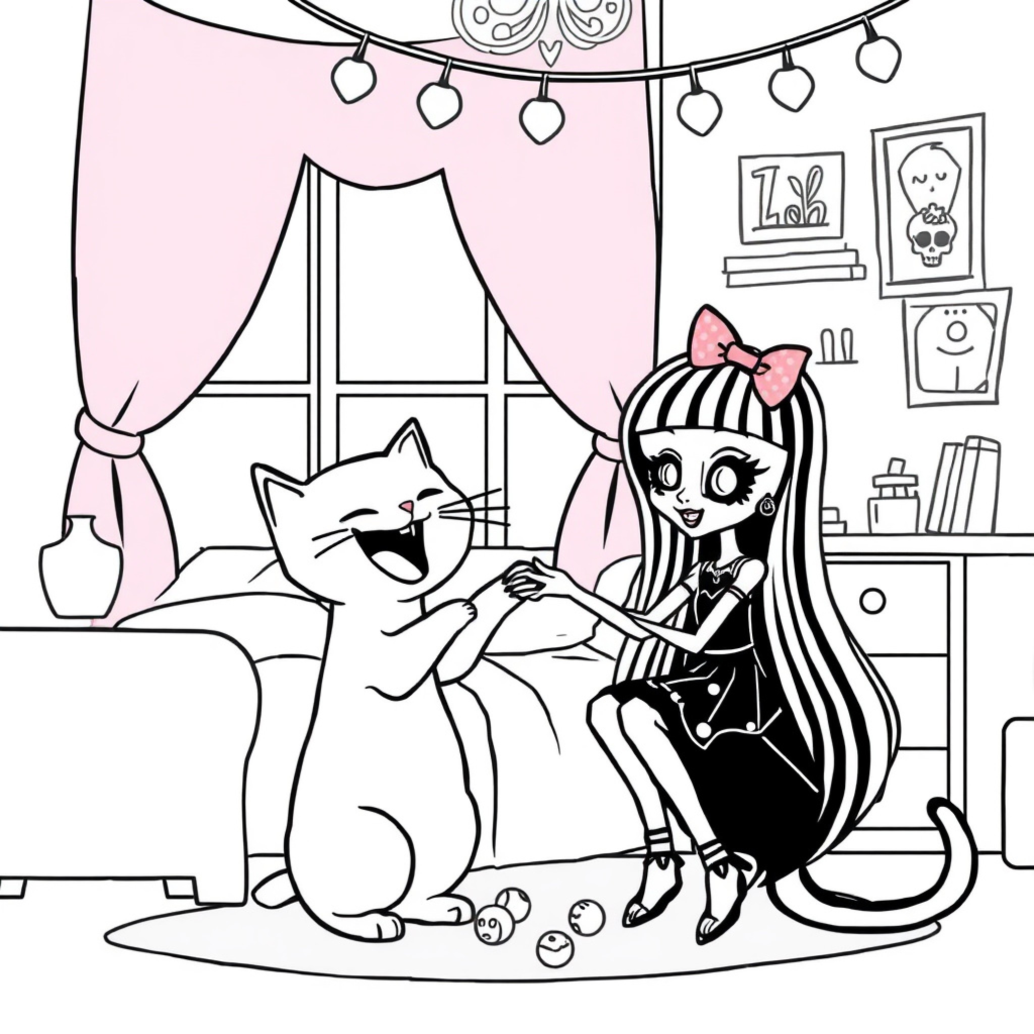 Easy Cat and girl playing together in bedroom Drawing Idea (free black-and-white line drawing printable PDF for all, from beginners to advanced learners, including children, teens, adults, and seniors)