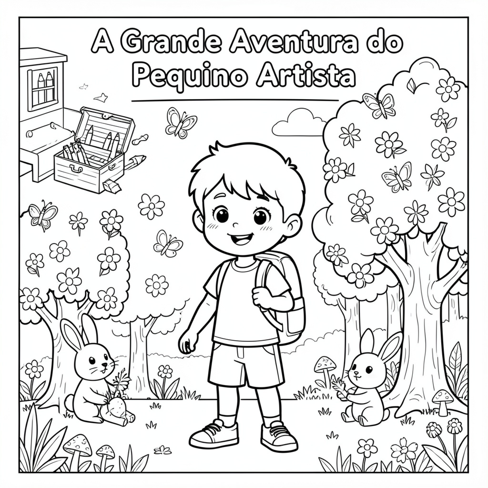 Easy Artista boy exploring nature with rabbits and butterflies Drawing Idea (free black-and-white line drawing printable PDF for all, from beginners to advanced learners, including children, teens, adults, and seniors)
