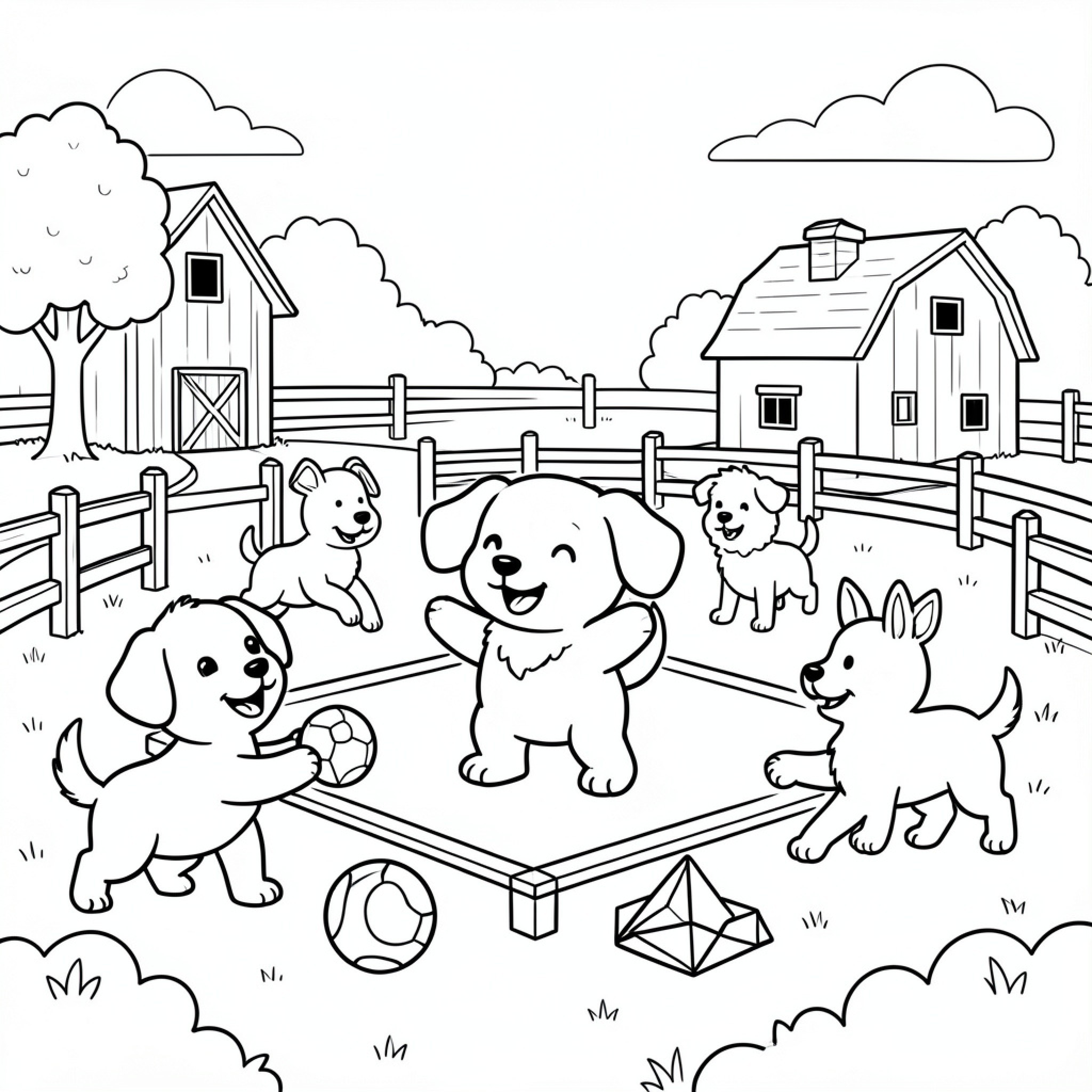 Easy Puppy playing with balls in a farmyard Drawing Idea (free black-and-white line drawing printable PDF for all, from beginners to advanced learners, including children, teens, adults, and seniors)