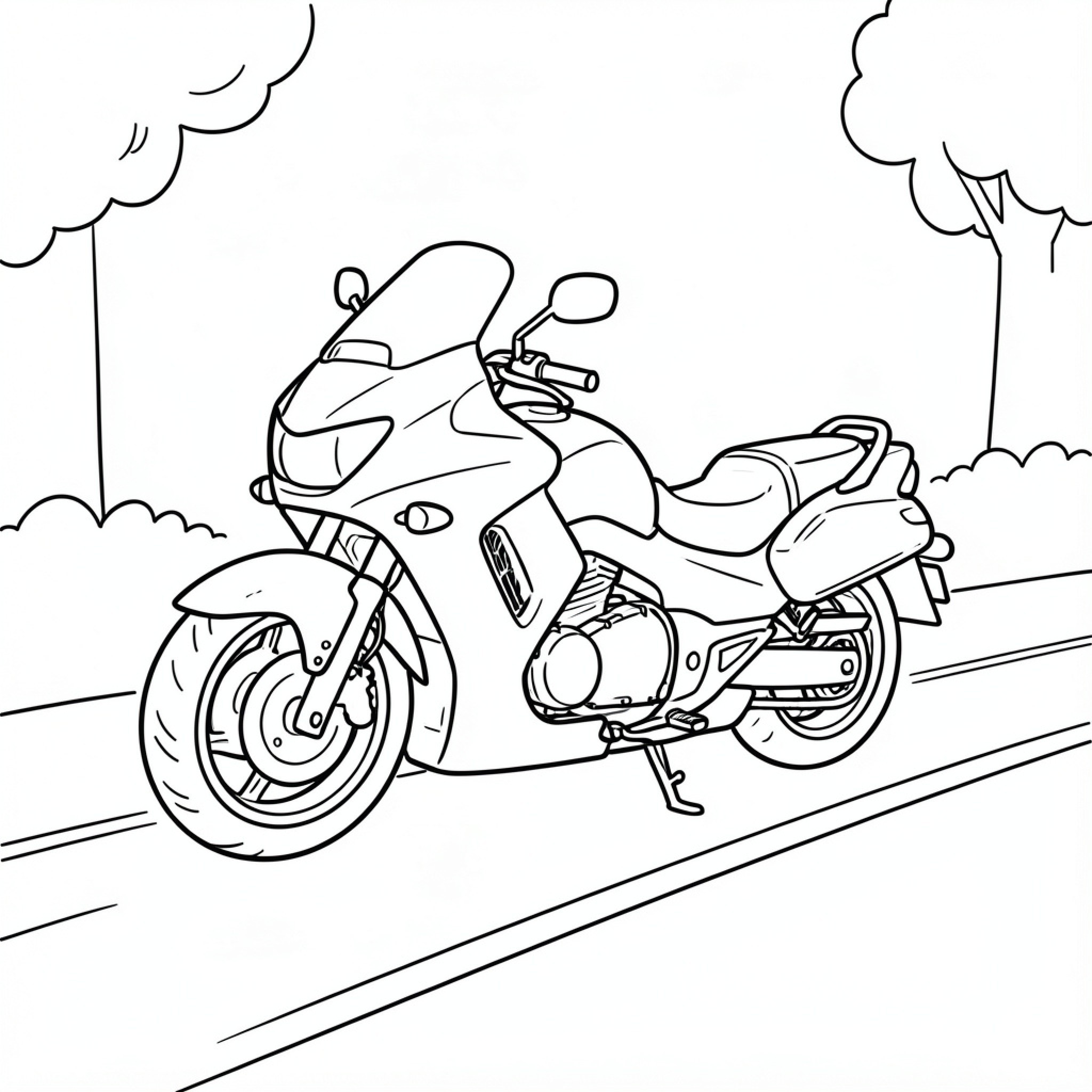 Easy Honda Shadow parked on a road near trees Drawing Idea (free black-and-white line drawing printable PDF for all, from beginners to advanced learners, including children, teens, adults, and seniors)