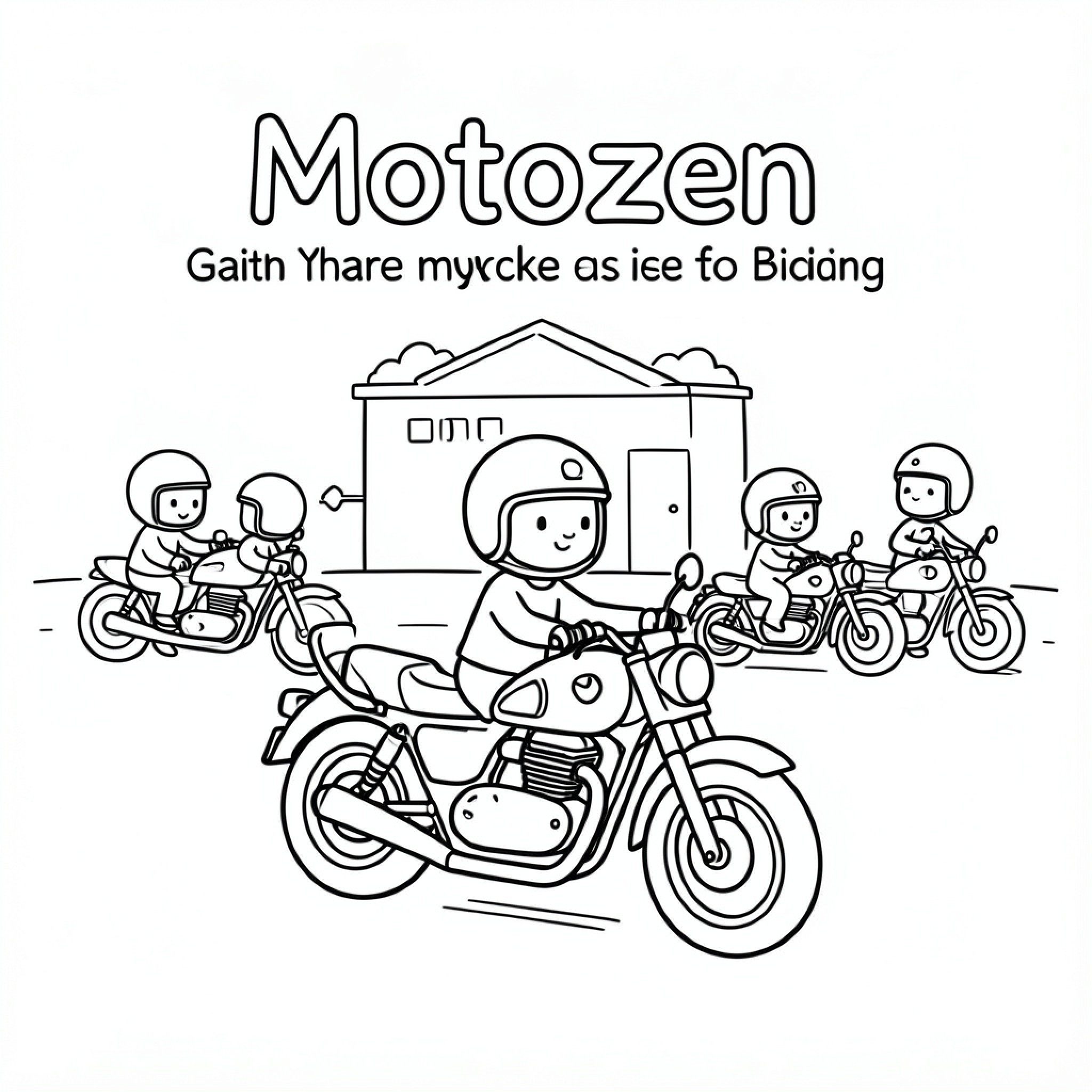 Easy Motozen characters riding motorcycles in a group Drawing Idea (free black-and-white line drawing printable PDF for all, from beginners to advanced learners, including children, teens, adults, and seniors)