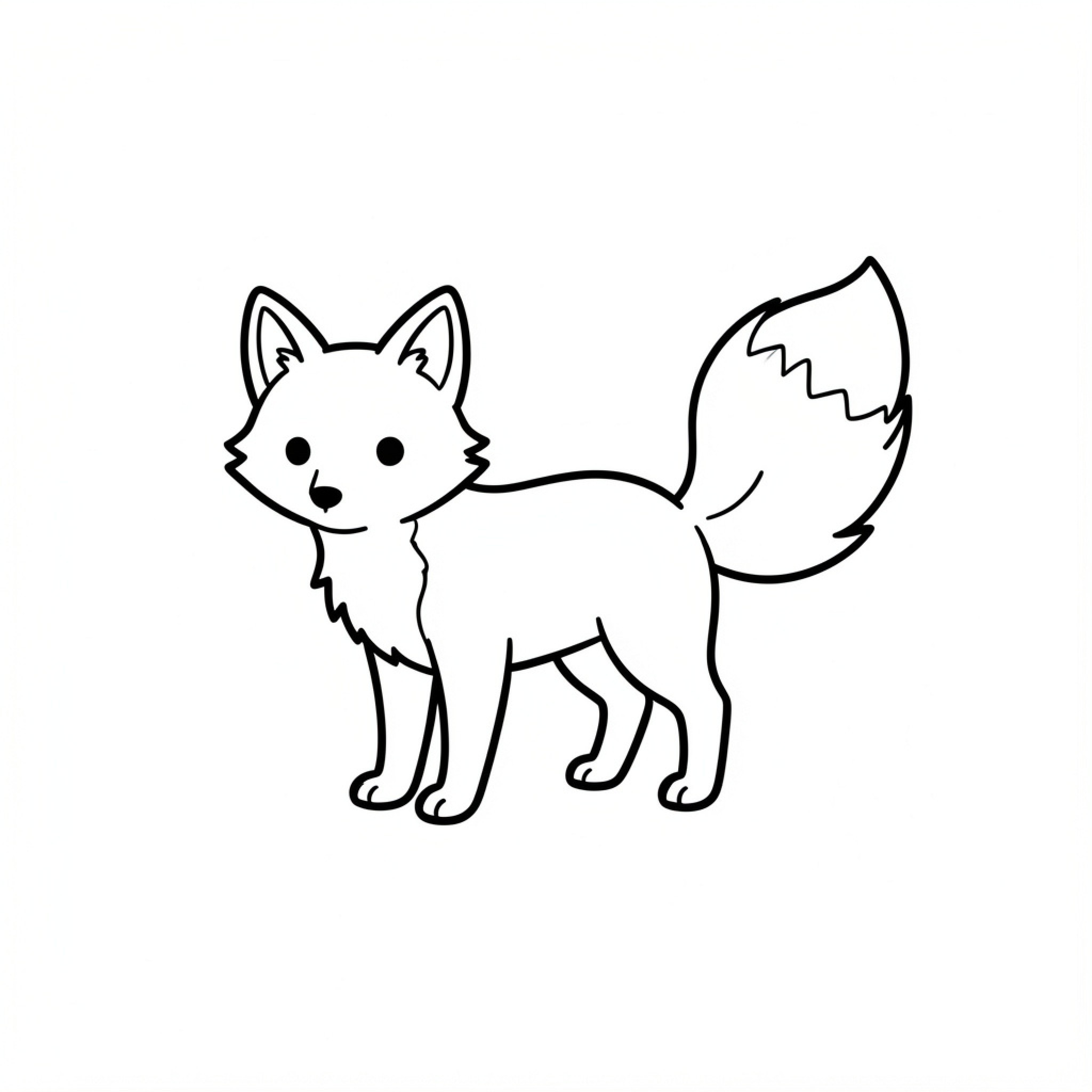 Easy Zorrito standing calmly with a fluffy tail Drawing Idea (free black-and-white line drawing printable PDF for all, from beginners to advanced learners, including children, teens, adults, and seniors)