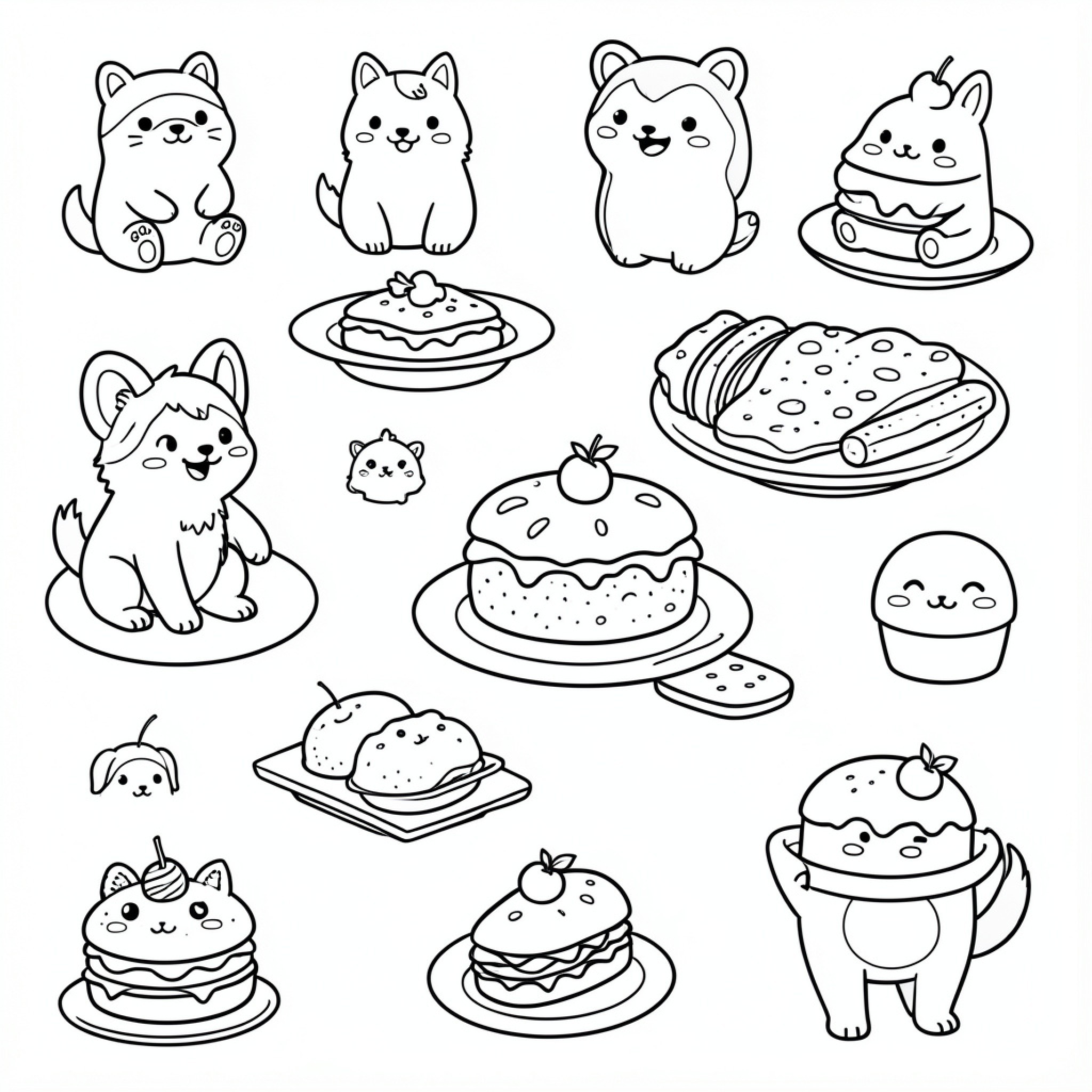 Easy Animal characters enjoying various sweet treats Drawing Idea (free black-and-white line drawing printable PDF for all, from beginners to advanced learners, including children, teens, adults, and seniors)