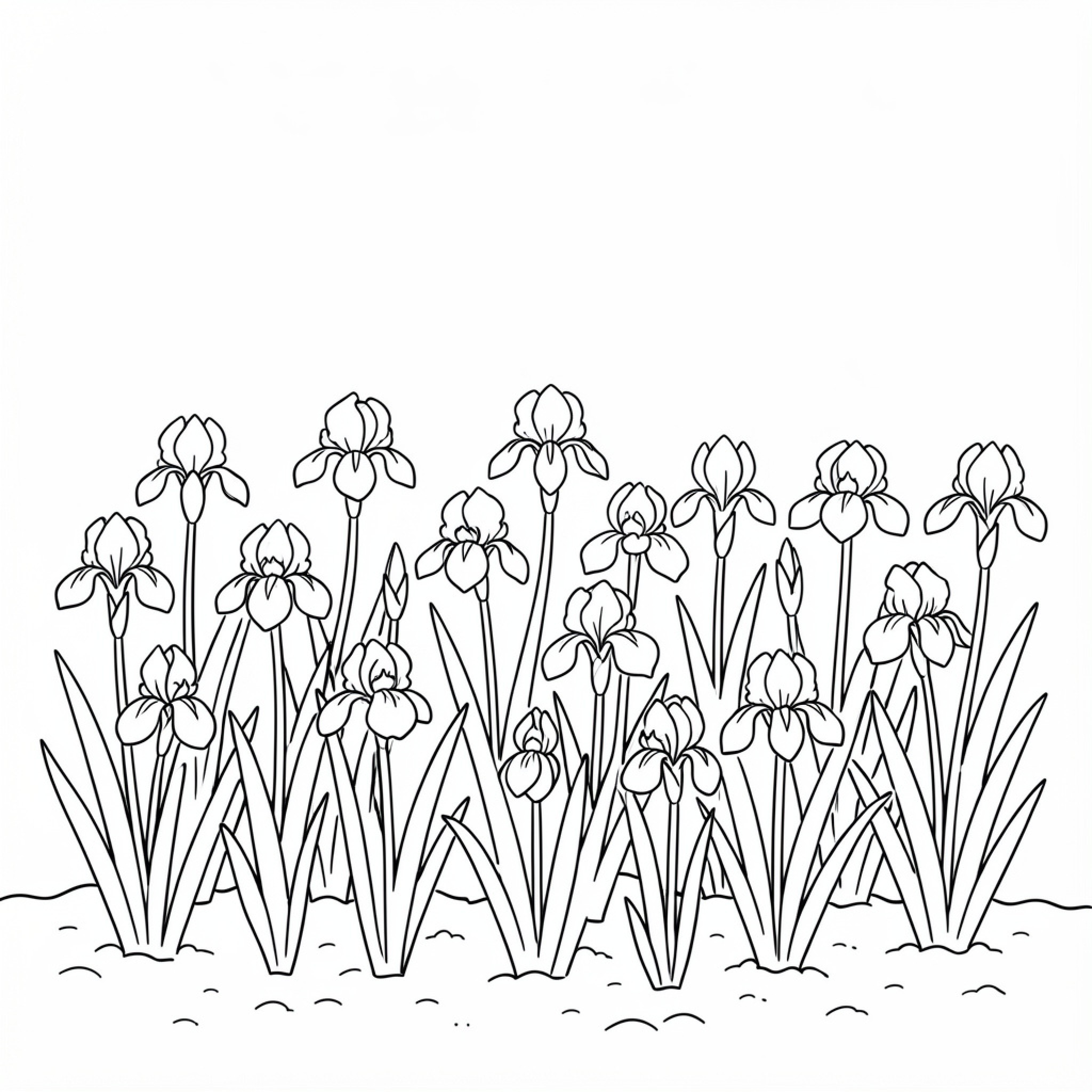 Easy Iris flowers blooming in a garden field Drawing Idea (free black-and-white line drawing printable PDF for all, from beginners to advanced learners, including children, teens, adults, and seniors)
