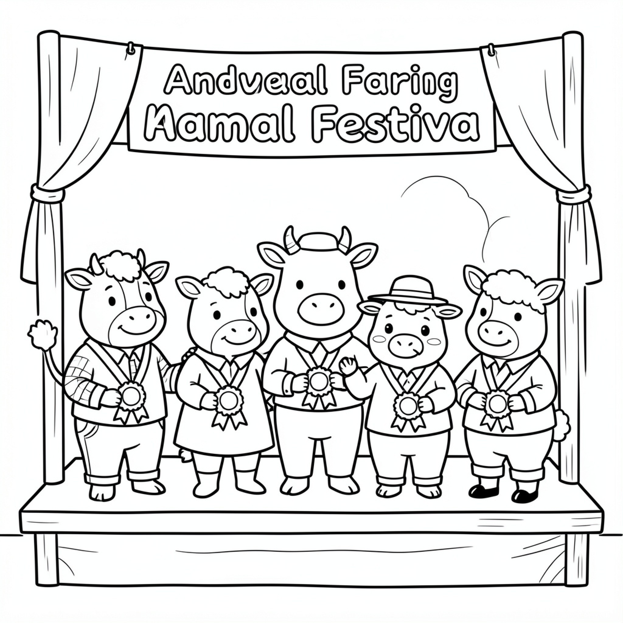 Easy Farm Animal characters celebrating at a festival Drawing Idea (free black-and-white line drawing printable PDF for all, from beginners to advanced learners, including children, teens, adults, and seniors)