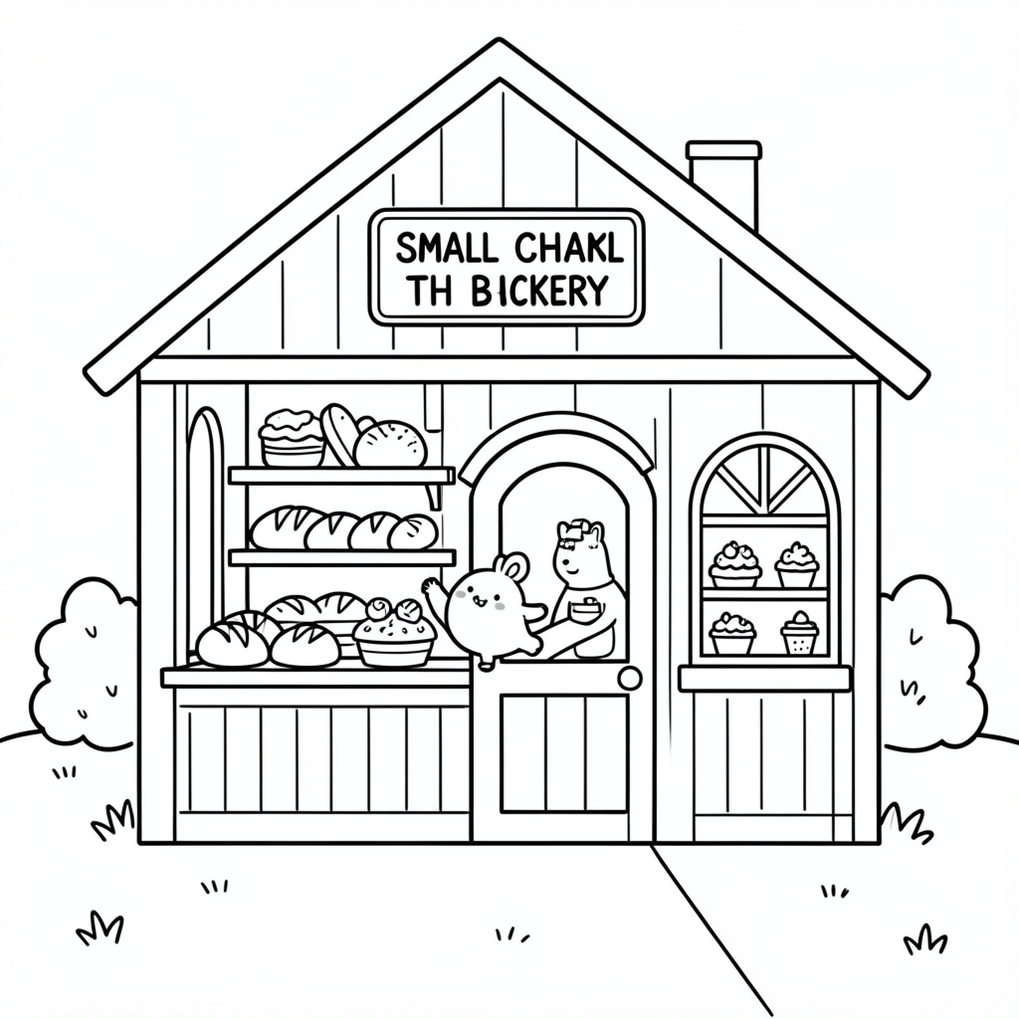 Easy Hen characters standing outside a small bakery Drawing Idea (free black-and-white line drawing printable PDF for all, from beginners to advanced learners, including children, teens, adults, and seniors)