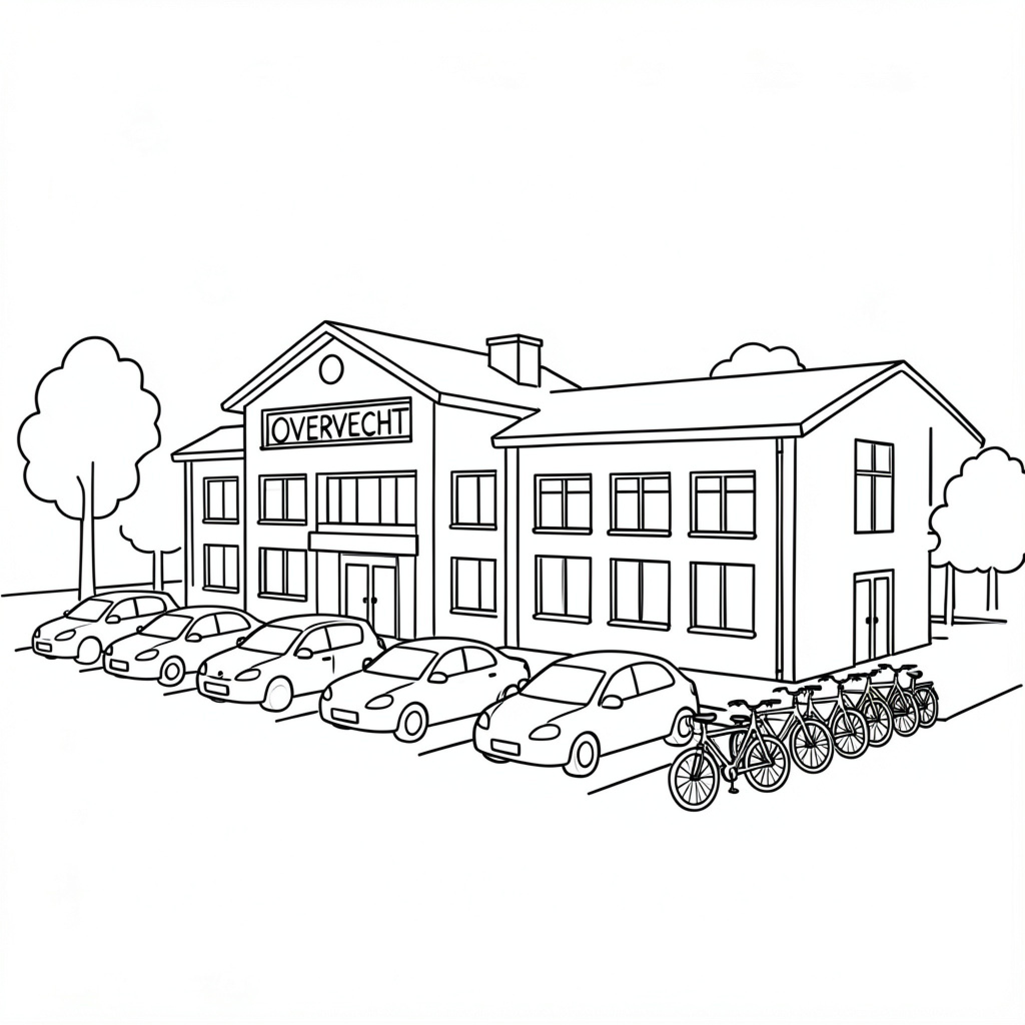 Easy Fatbike parked near a large building entrance Drawing Idea (free black-and-white line drawing printable PDF for all, from beginners to advanced learners, including children, teens, adults, and seniors)