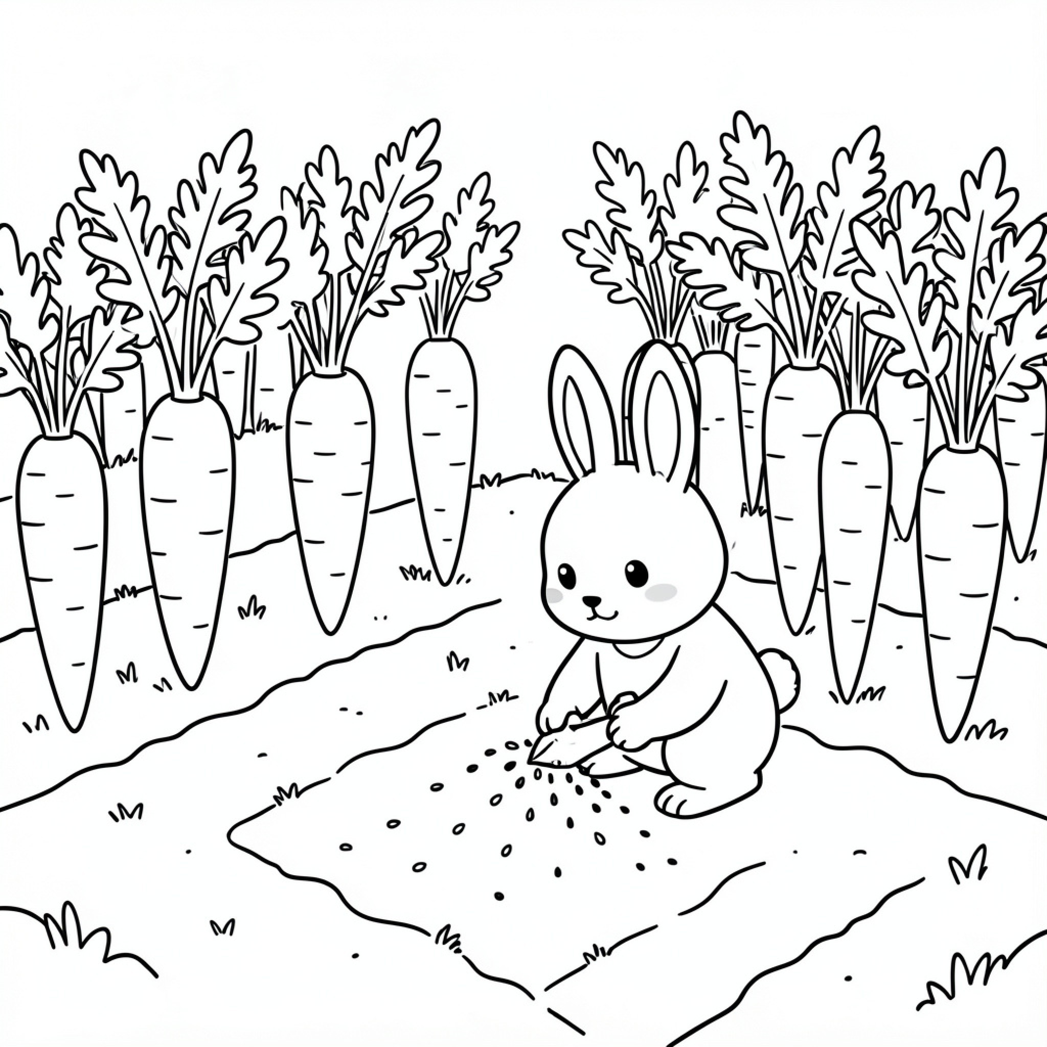 Easy Bunny planting seeds in a vegetable garden Drawing Idea (free black-and-white line drawing printable PDF for all, from beginners to advanced learners, including children, teens, adults, and seniors)