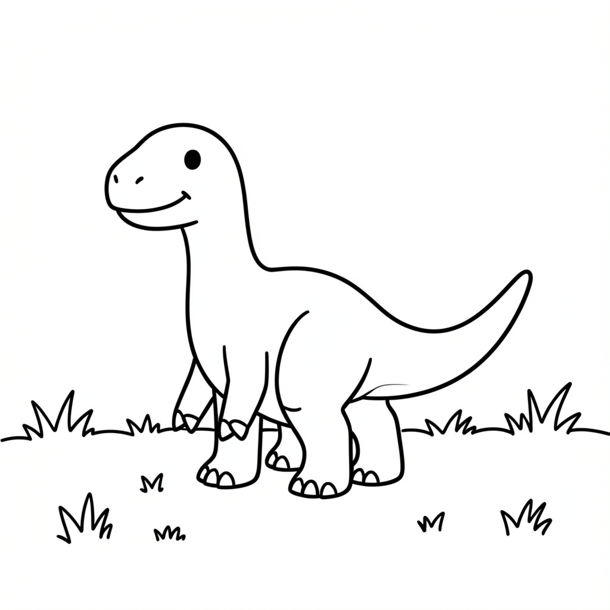 Easy Dino smiling while standing in the grass Drawing Idea (free black-and-white line drawing printable PDF for all, from beginners to advanced learners, including children, teens, adults, and seniors)