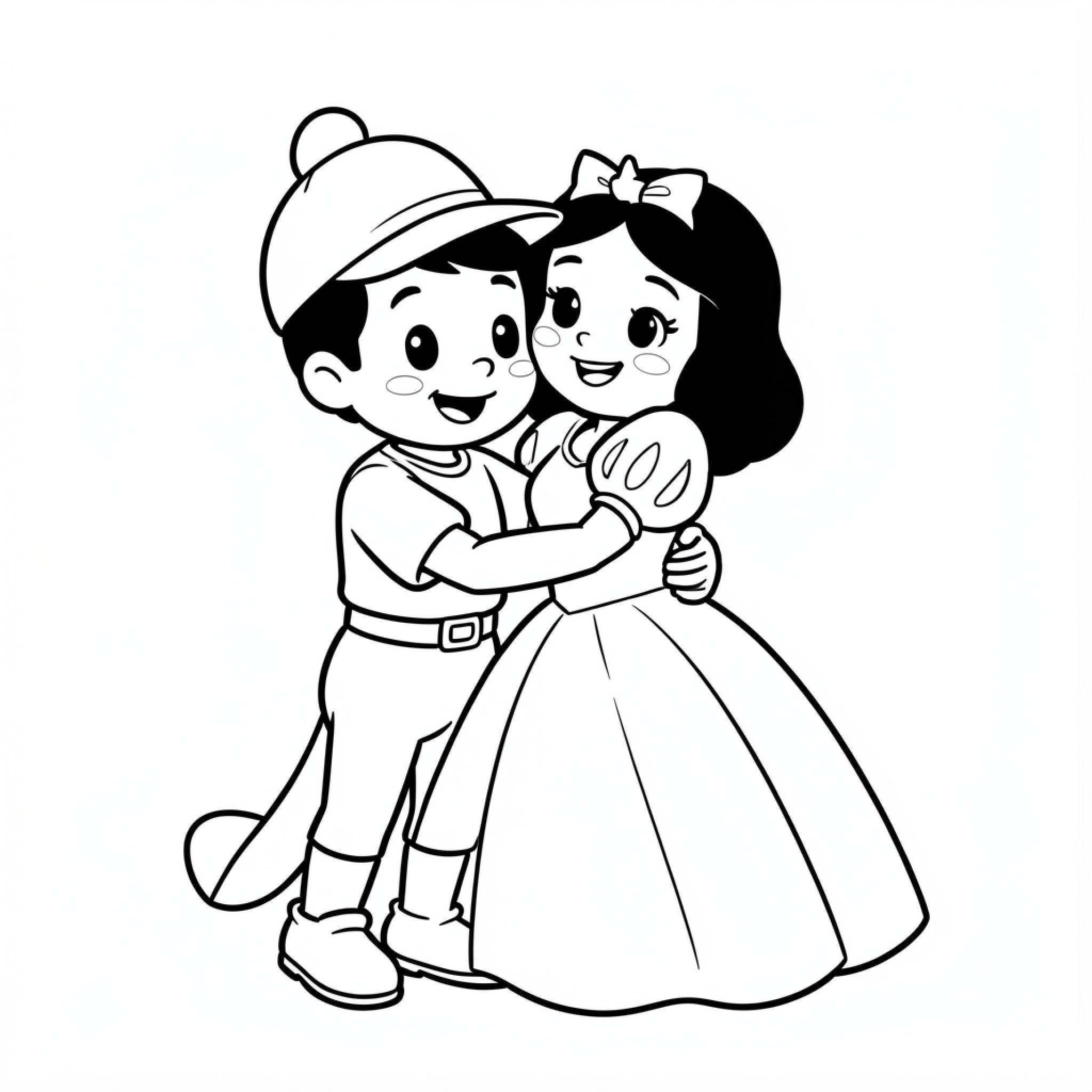 Easy Pinocchio Boy and Girl Hugging Happily Drawing Idea (free black-and-white line drawing printable PDF for all, from beginners to advanced learners, including children, teens, adults, and seniors)