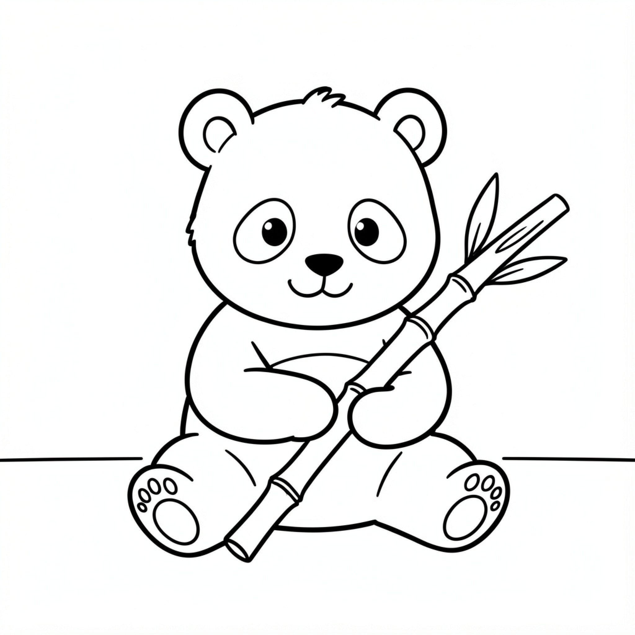 Easy Panda sitting and holding a bamboo stick Drawing Idea (free black-and-white line drawing printable PDF for all, from beginners to advanced learners, including children, teens, adults, and seniors)
