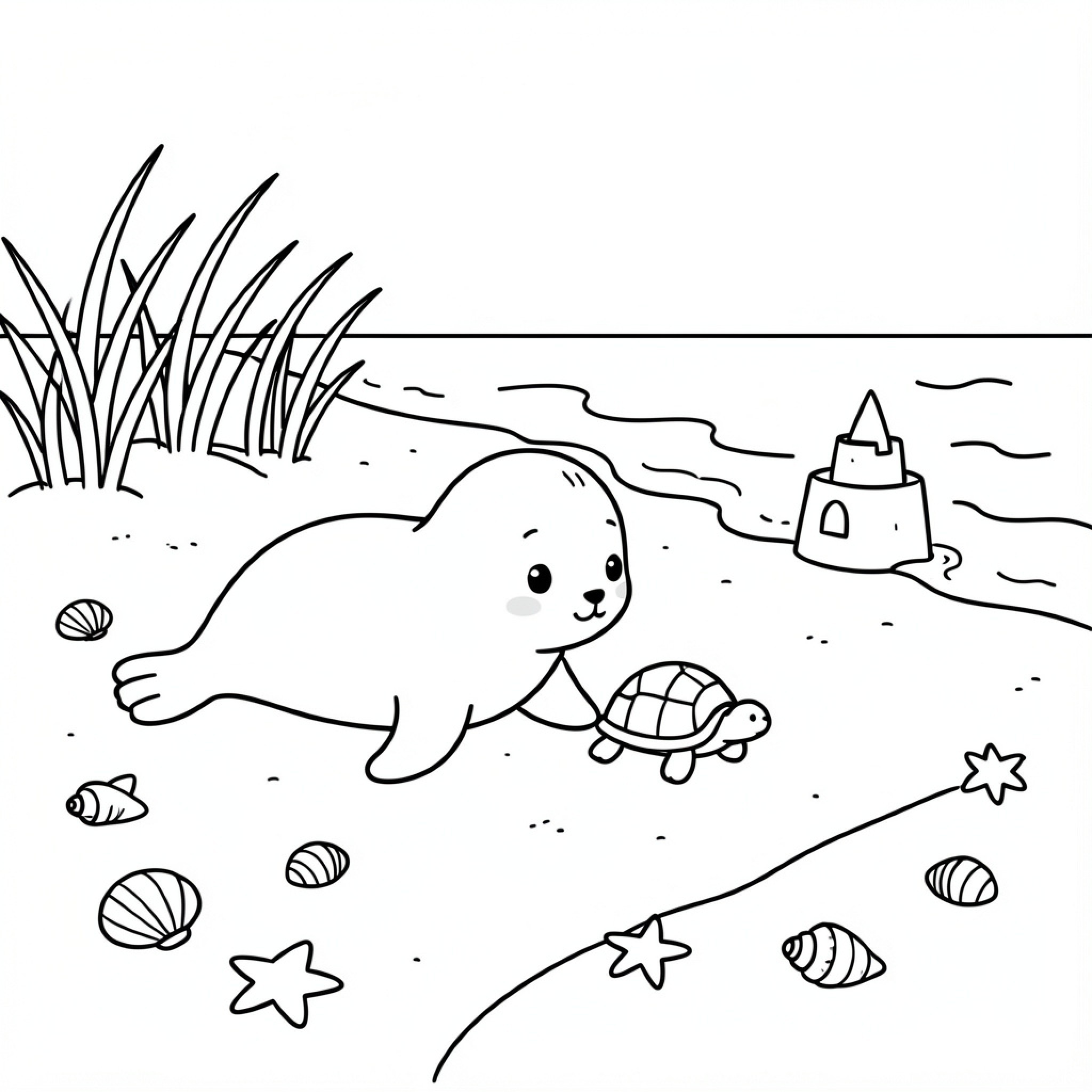 Easy Seal playing with a turtle on the beach Drawing Idea (free black-and-white line drawing printable PDF for all, from beginners to advanced learners, including children, teens, adults, and seniors)