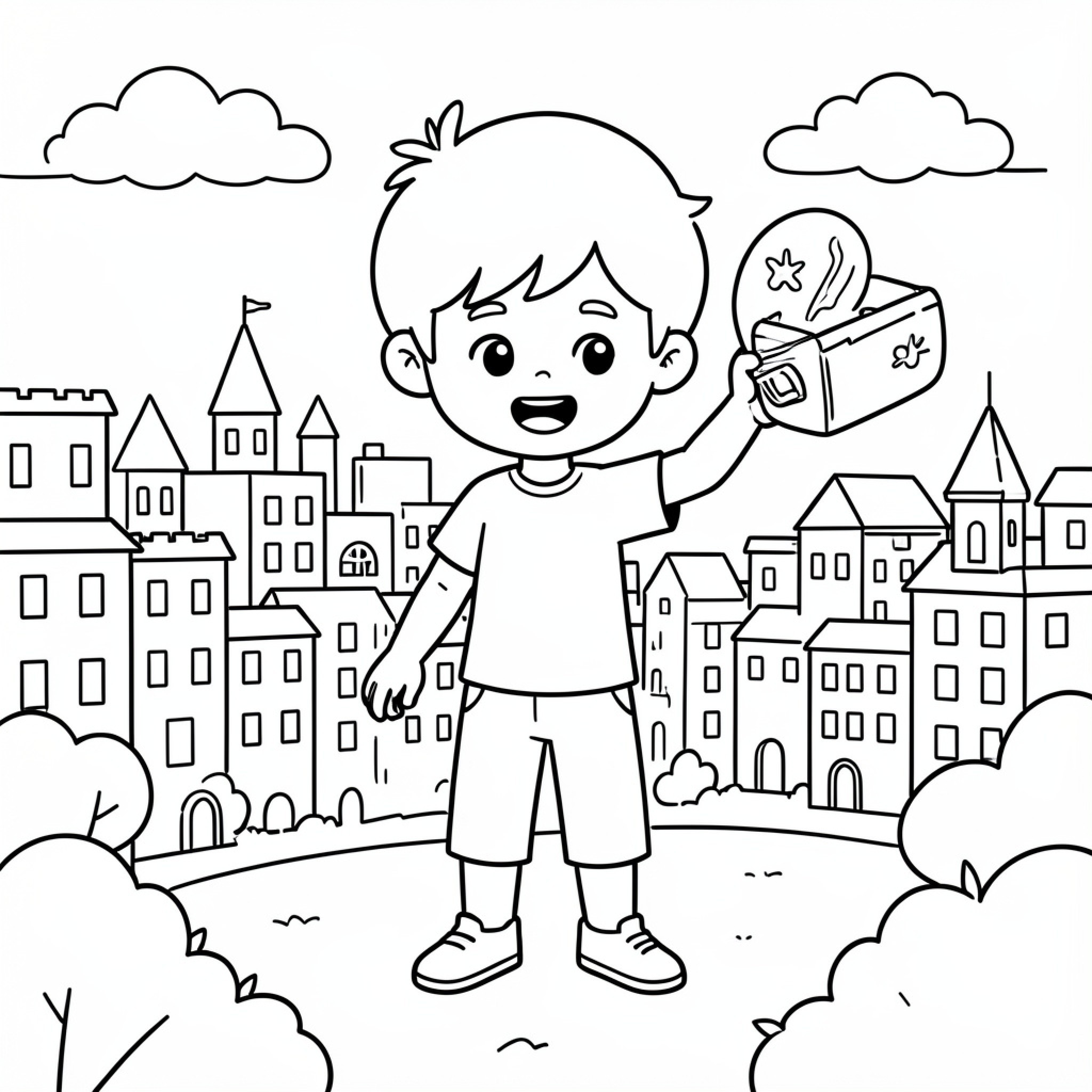 Easy Kid happily holding a camera in a city Drawing Idea (free black-and-white line drawing printable PDF for all, from beginners to advanced learners, including children, teens, adults, and seniors)