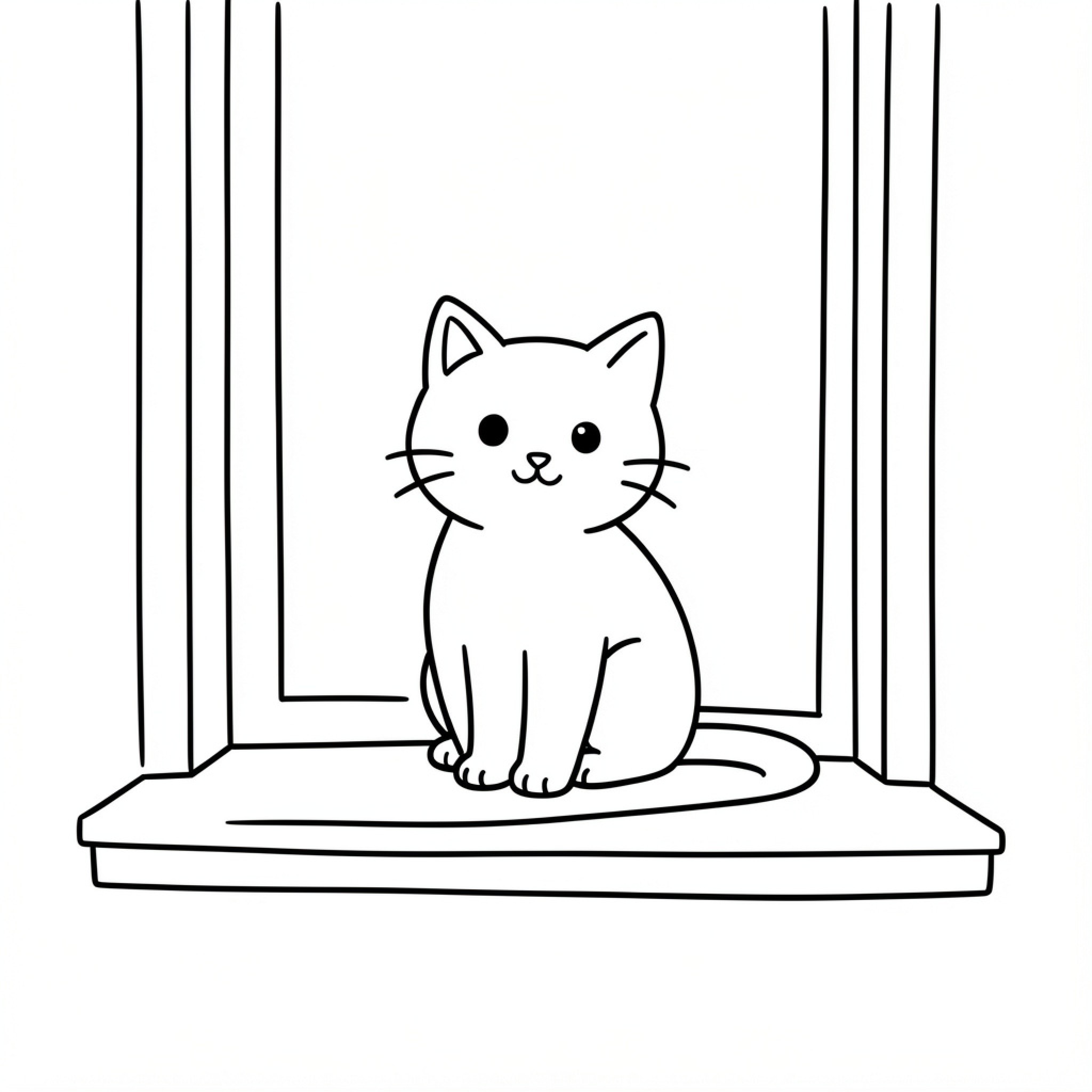Easy Cat sitting calmly on a windowsill Drawing Idea (free black-and-white line drawing printable PDF for all, from beginners to advanced learners, including children, teens, adults, and seniors)