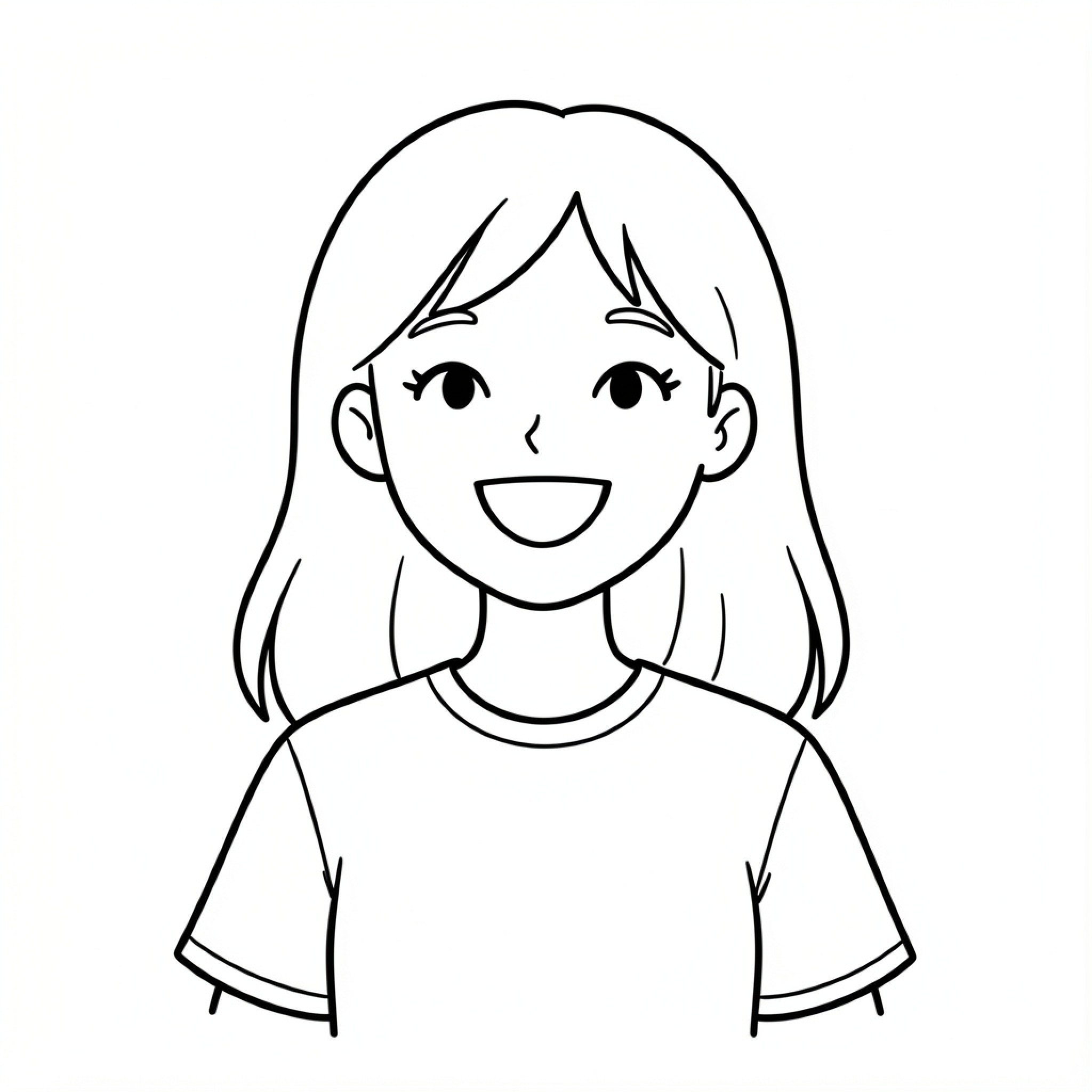 Easy Girl smiling brightly in a simple t-shirt Drawing Idea (free black-and-white line drawing printable PDF for all, from beginners to advanced learners, including children, teens, adults, and seniors)