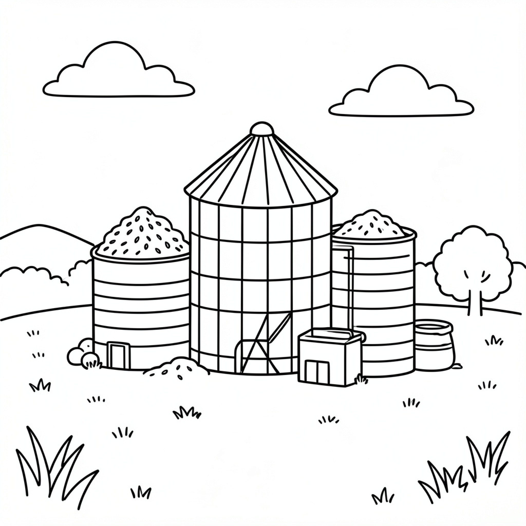 Easy Grain Bin standing in a rural landscape Drawing Idea (free black-and-white line drawing printable PDF for all, from beginners to advanced learners, including children, teens, adults, and seniors)