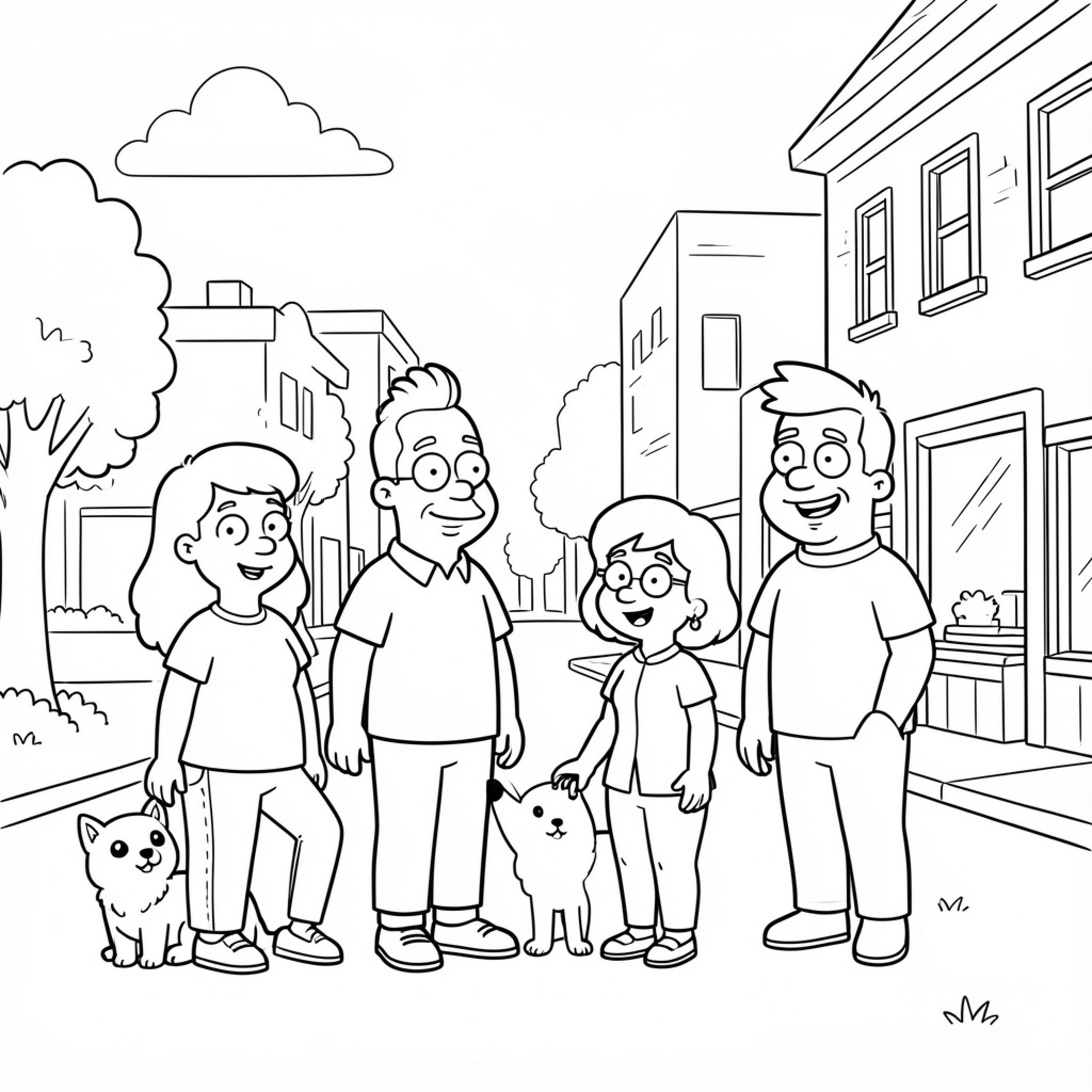 Easy Simpson family walking with pets on street Drawing Idea (free black-and-white line drawing printable PDF for all, from beginners to advanced learners, including children, teens, adults, and seniors)