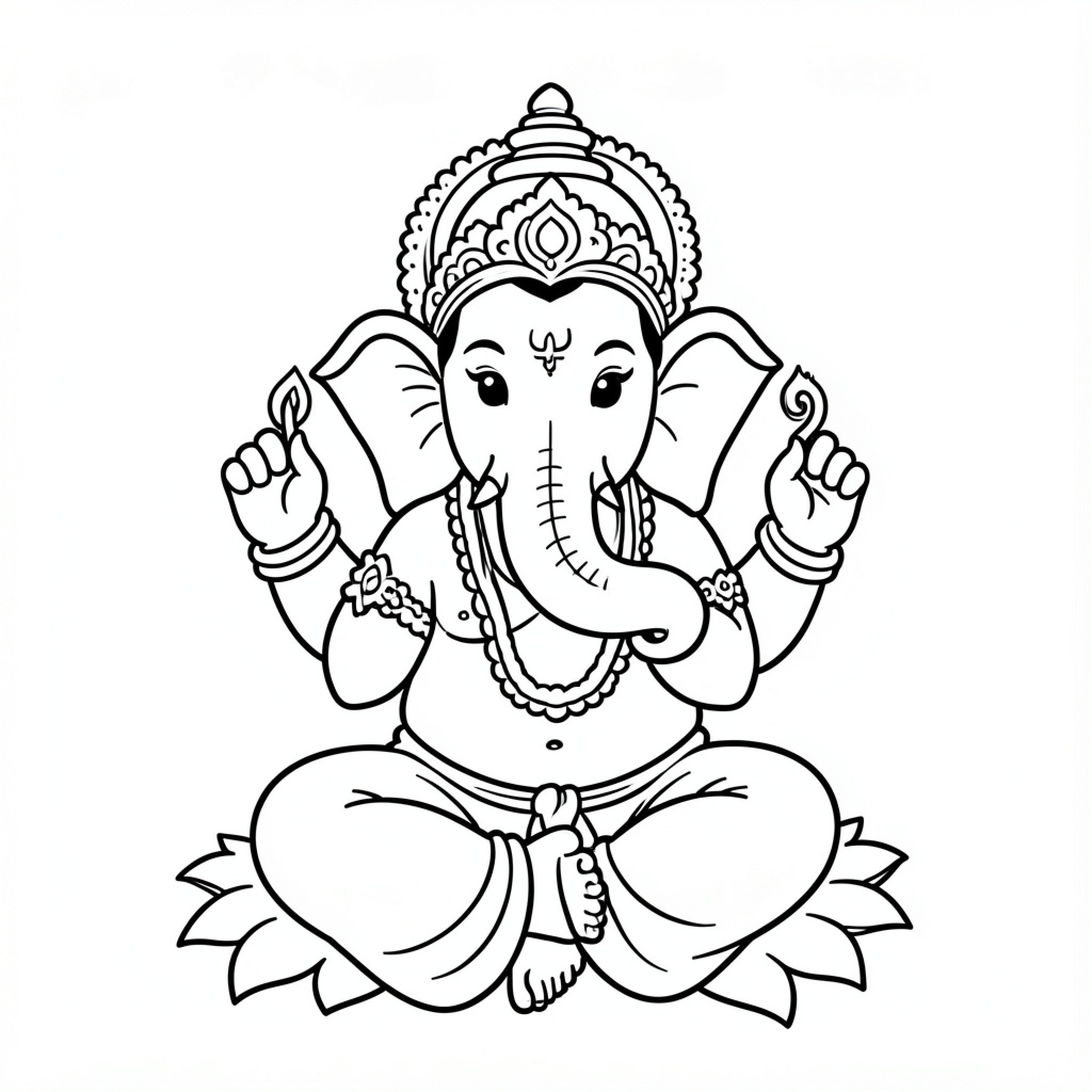 Easy Ganesha sitting peacefully in a meditative pose Drawing Idea (free black-and-white line drawing printable PDF for all, from beginners to advanced learners, including children, teens, adults, and seniors)