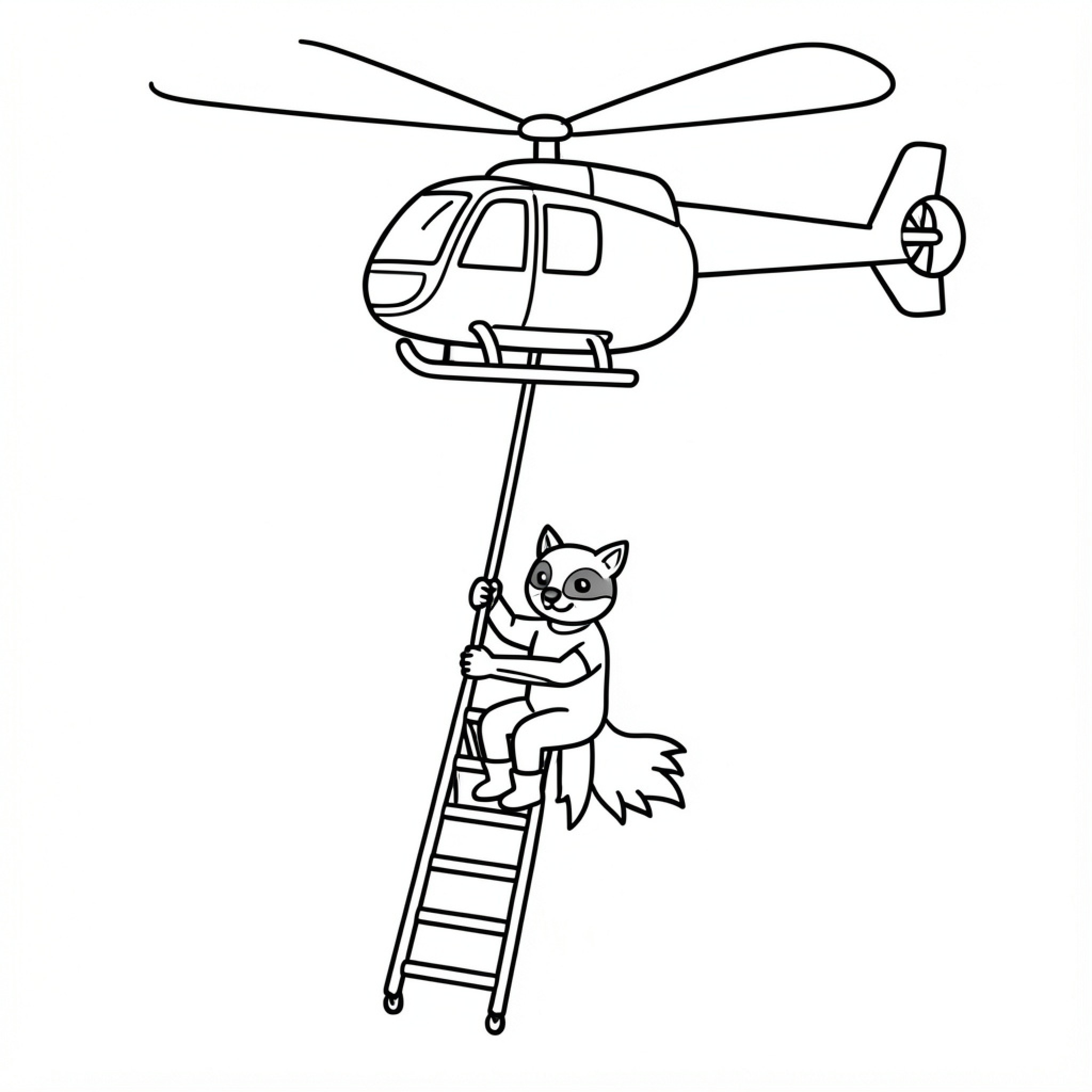 Easy Kraven raccoon climbing a helicopter ladder Drawing Idea (free black-and-white line drawing printable PDF for all, from beginners to advanced learners, including children, teens, adults, and seniors)
