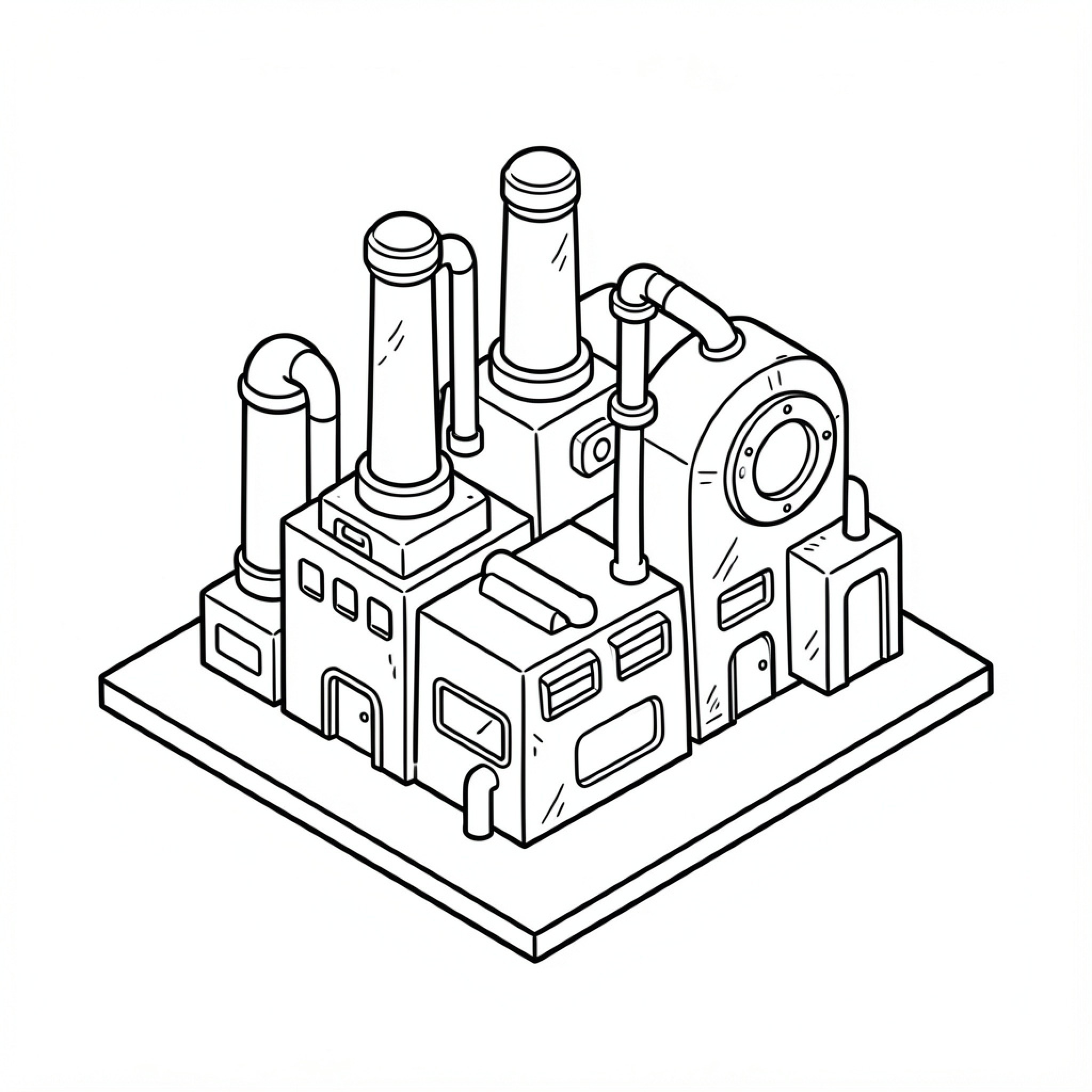 Easy Factory standing with multiple industrial chimneys Drawing Idea (free black-and-white line drawing printable PDF for all, from beginners to advanced learners, including children, teens, adults, and seniors)