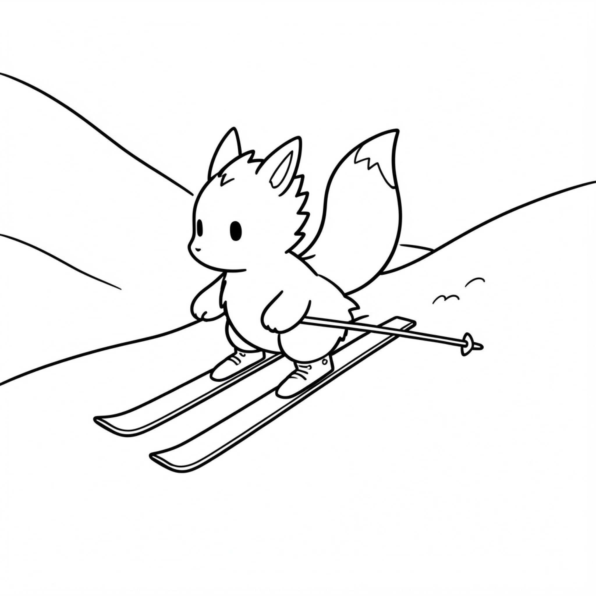 Easy Dracofeu character skiing down a snowy slope Drawing Idea (free black-and-white line drawing printable PDF for all, from beginners to advanced learners, including children, teens, adults, and seniors)