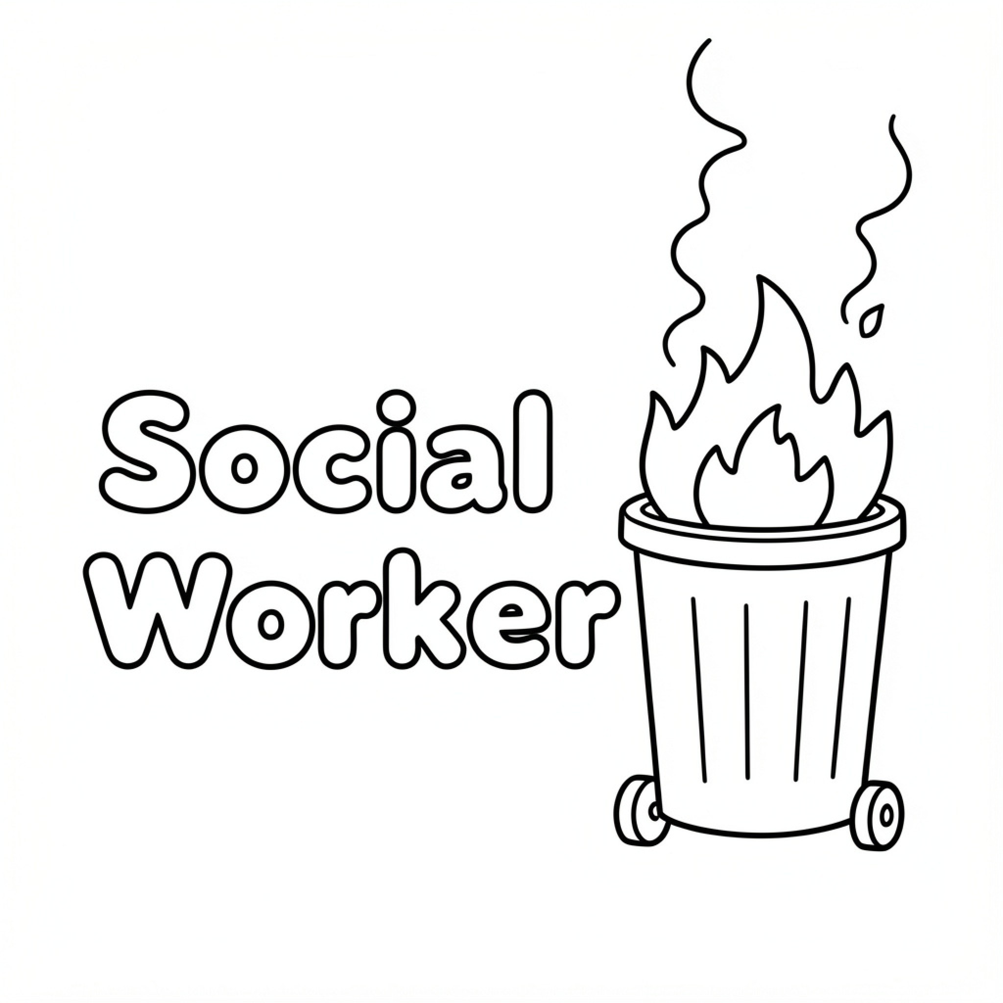 Easy Social Worker with a burning trash can Drawing Idea (free black-and-white line drawing printable PDF for all, from beginners to advanced learners, including children, teens, adults, and seniors)