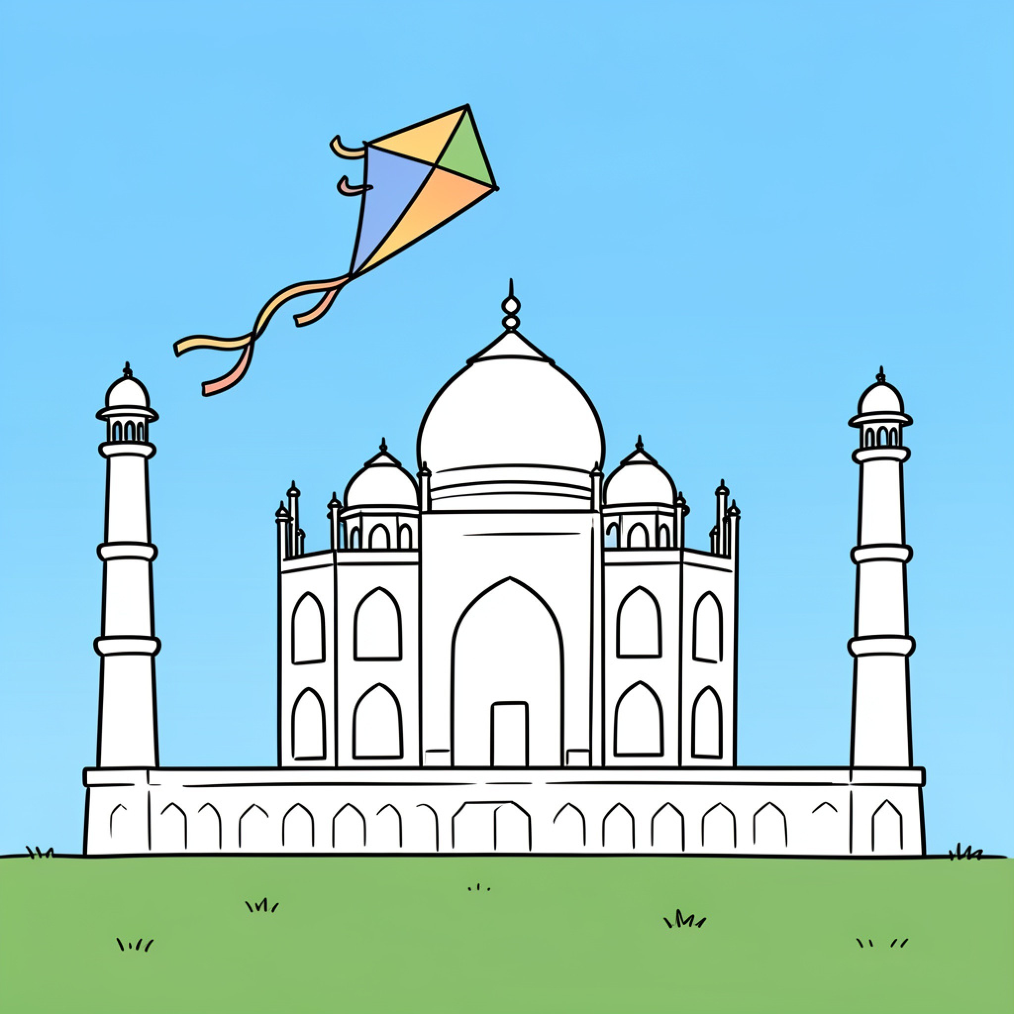 Easy Kite flying high over a famous monument Drawing Idea (free black-and-white line drawing printable PDF for all, from beginners to advanced learners, including children, teens, adults, and seniors)