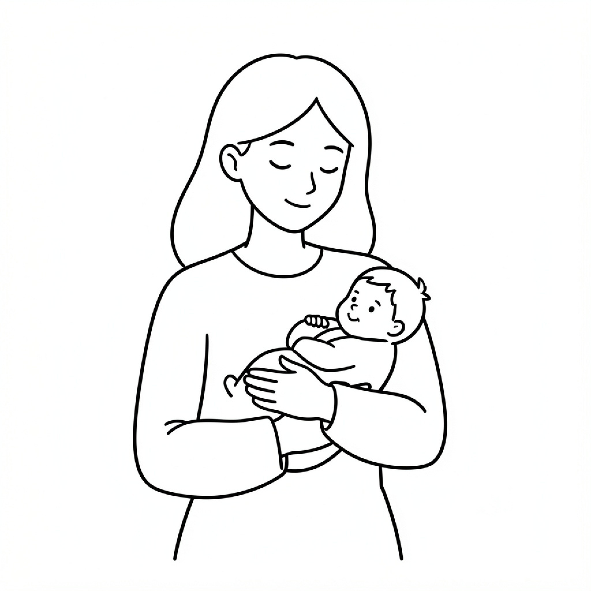 Easy Lady holding a baby with a gentle smile Drawing Idea (free black-and-white line drawing printable PDF for all, from beginners to advanced learners, including children, teens, adults, and seniors)