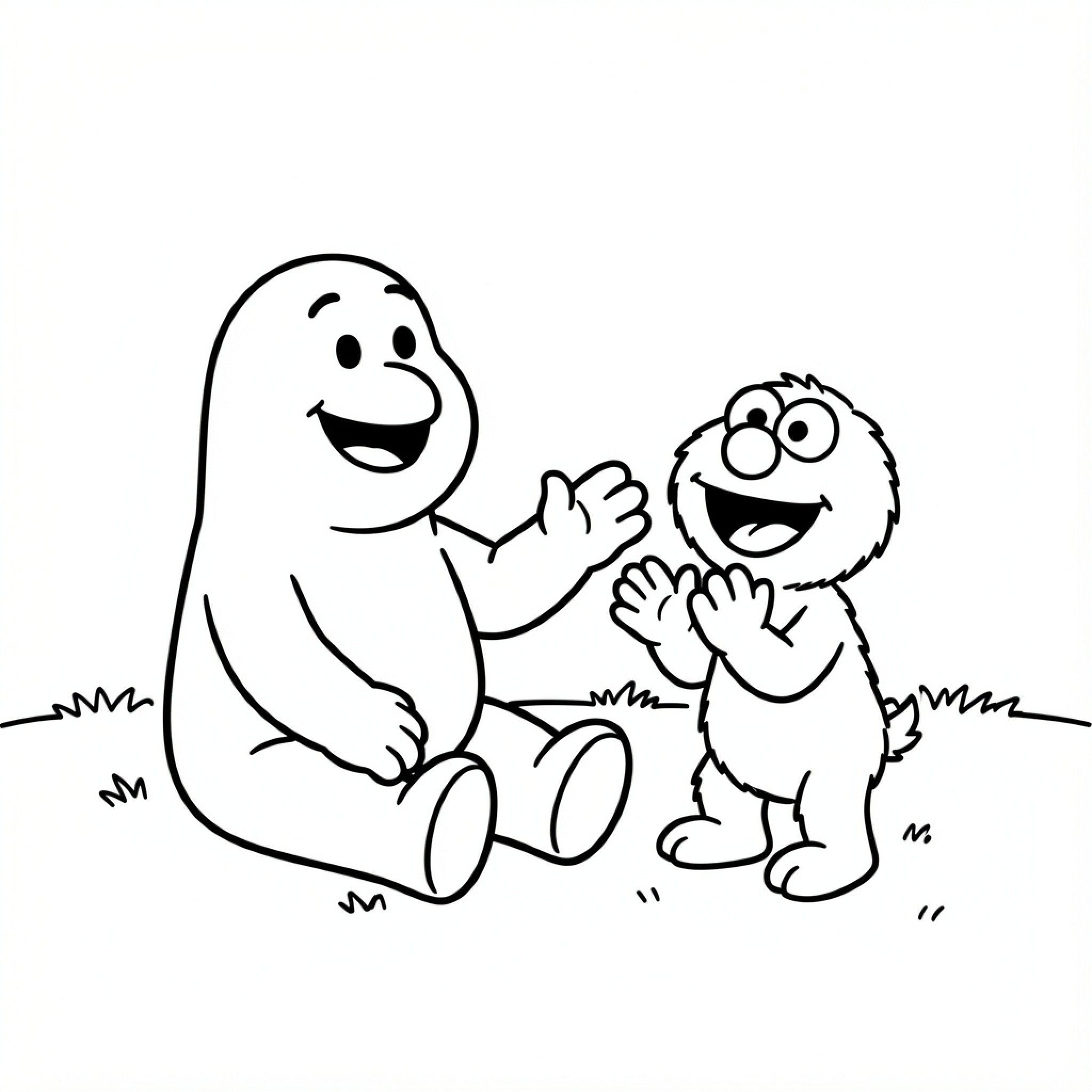 Easy Barney waving and smiling at a friend Drawing Idea (free black-and-white line drawing printable PDF for all, from beginners to advanced learners, including children, teens, adults, and seniors)