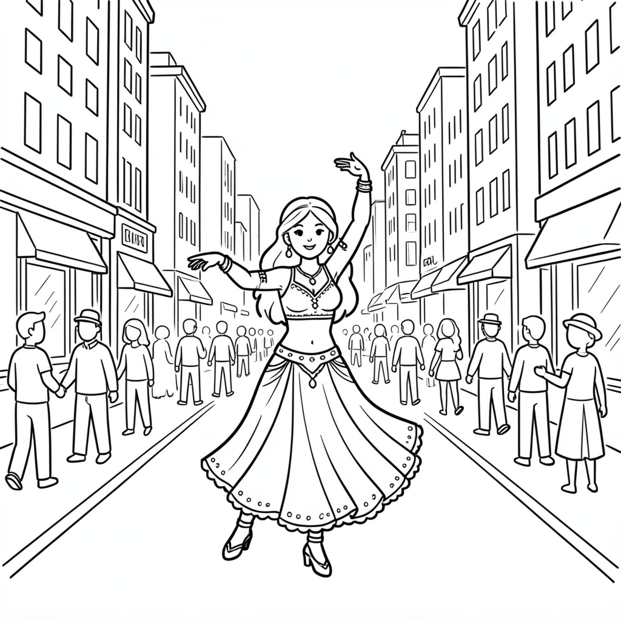 Easy Belly Dancer performing on a busy city street Drawing Idea (free black-and-white line drawing printable PDF for all, from beginners to advanced learners, including children, teens, adults, and seniors)