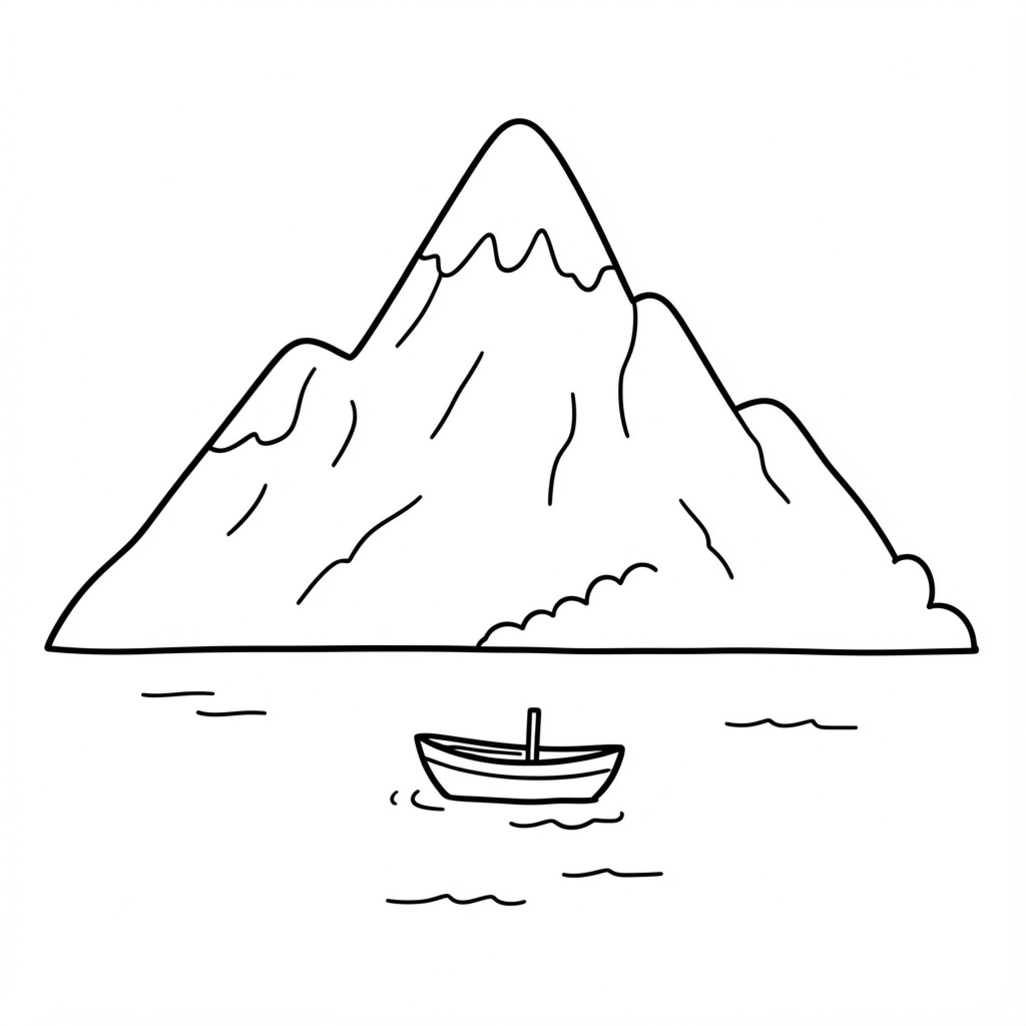 Easy Lake scene with a small boat and mountains Drawing Idea (free black-and-white line drawing printable PDF for all, from beginners to advanced learners, including children, teens, adults, and seniors)