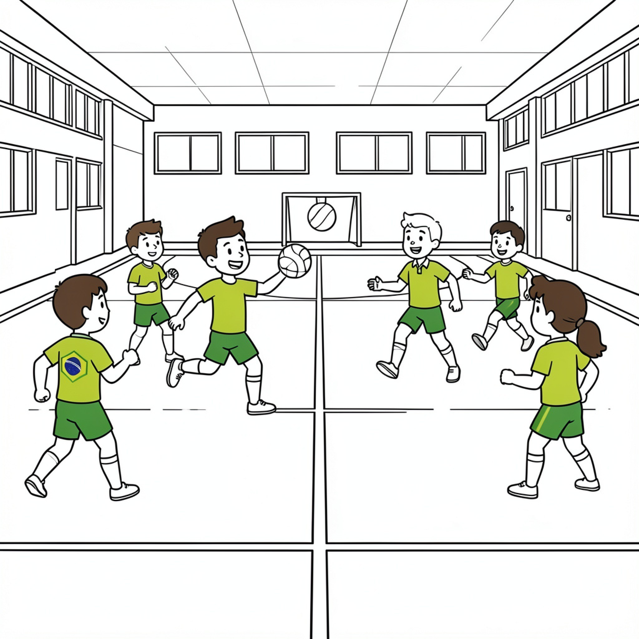 Easy Queimada kids playing ball game in gym Drawing Idea (free black-and-white line drawing printable PDF for all, from beginners to advanced learners, including children, teens, adults, and seniors)