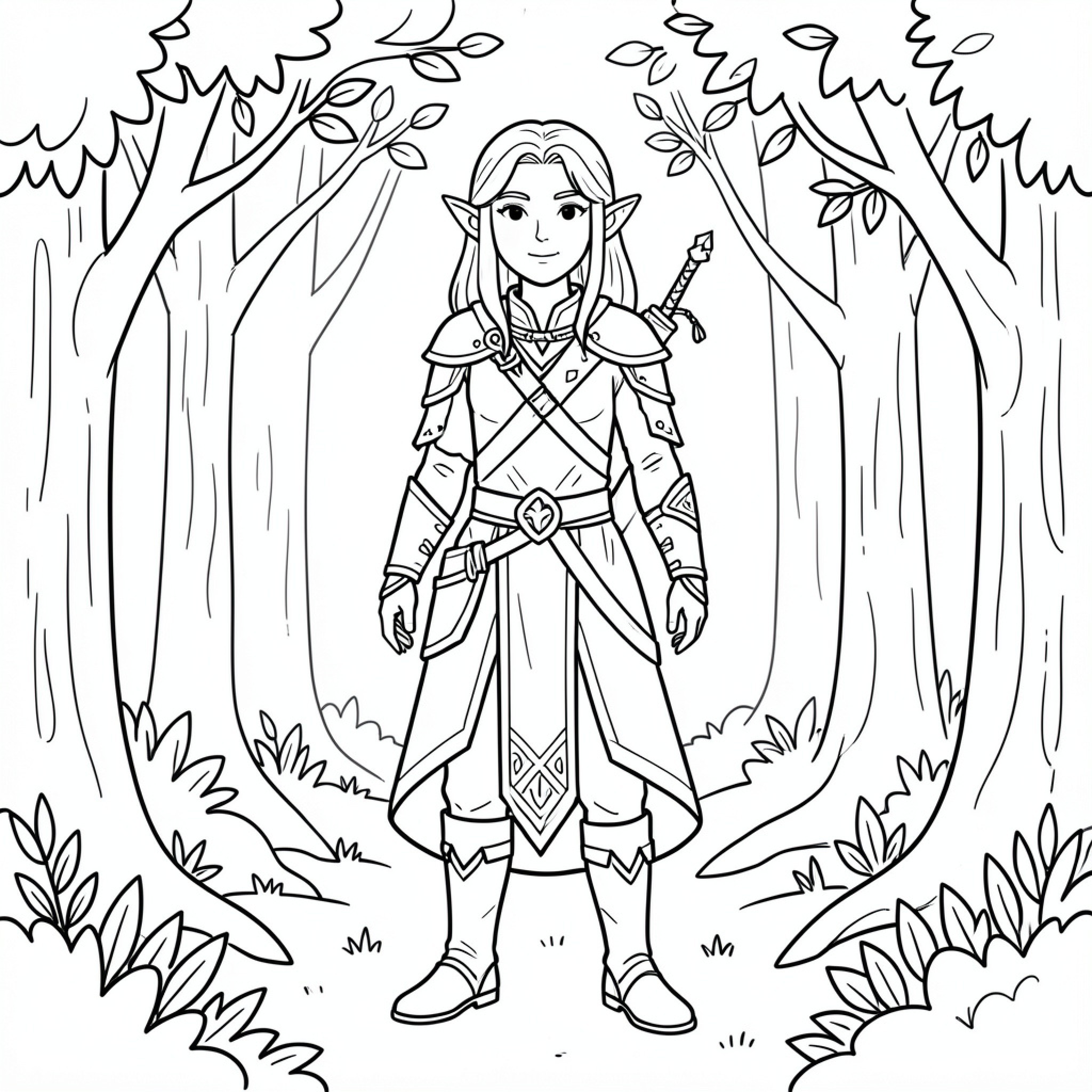 Easy Elf standing bravely in a forest setting Drawing Idea (free black-and-white line drawing printable PDF for all, from beginners to advanced learners, including children, teens, adults, and seniors)