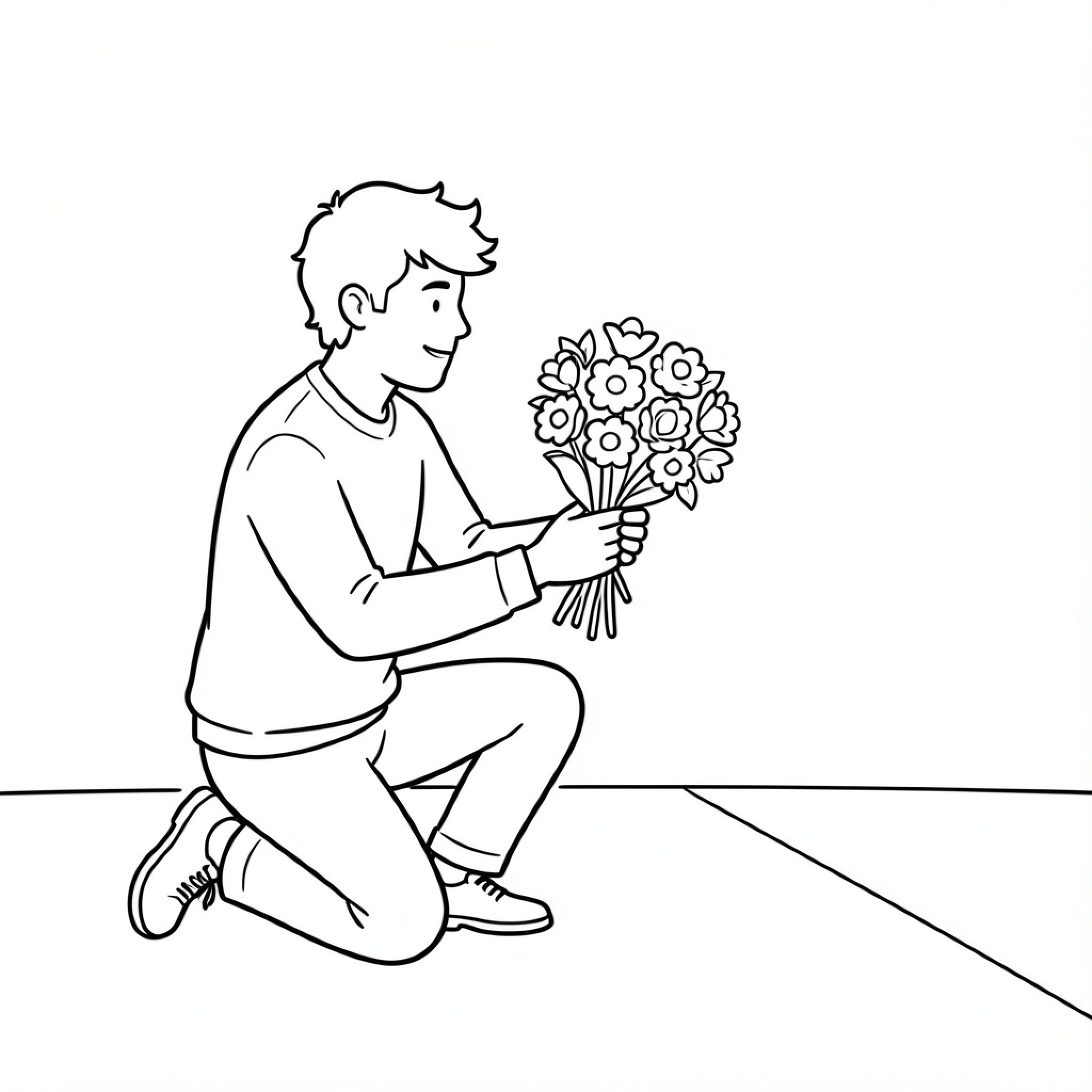 Easy Harry Styles kneeling while holding a bouquet Drawing Idea (free black-and-white line drawing printable PDF for all, from beginners to advanced learners, including children, teens, adults, and seniors)