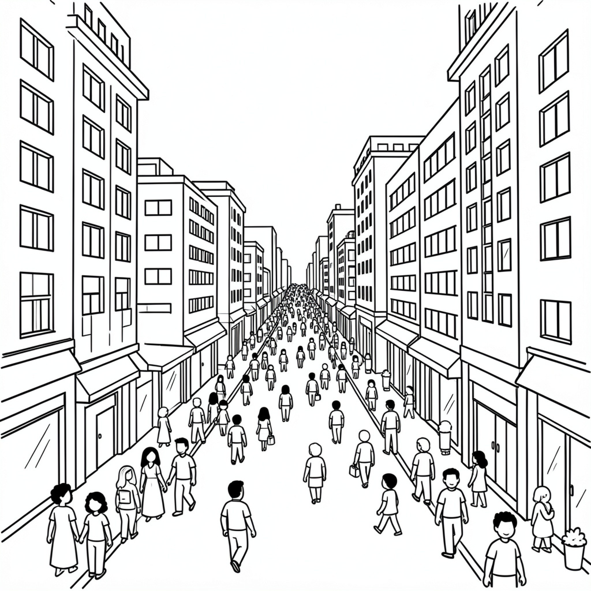 Easy City people walking along a busy street Drawing Idea (free black-and-white line drawing printable PDF for all, from beginners to advanced learners, including children, teens, adults, and seniors)