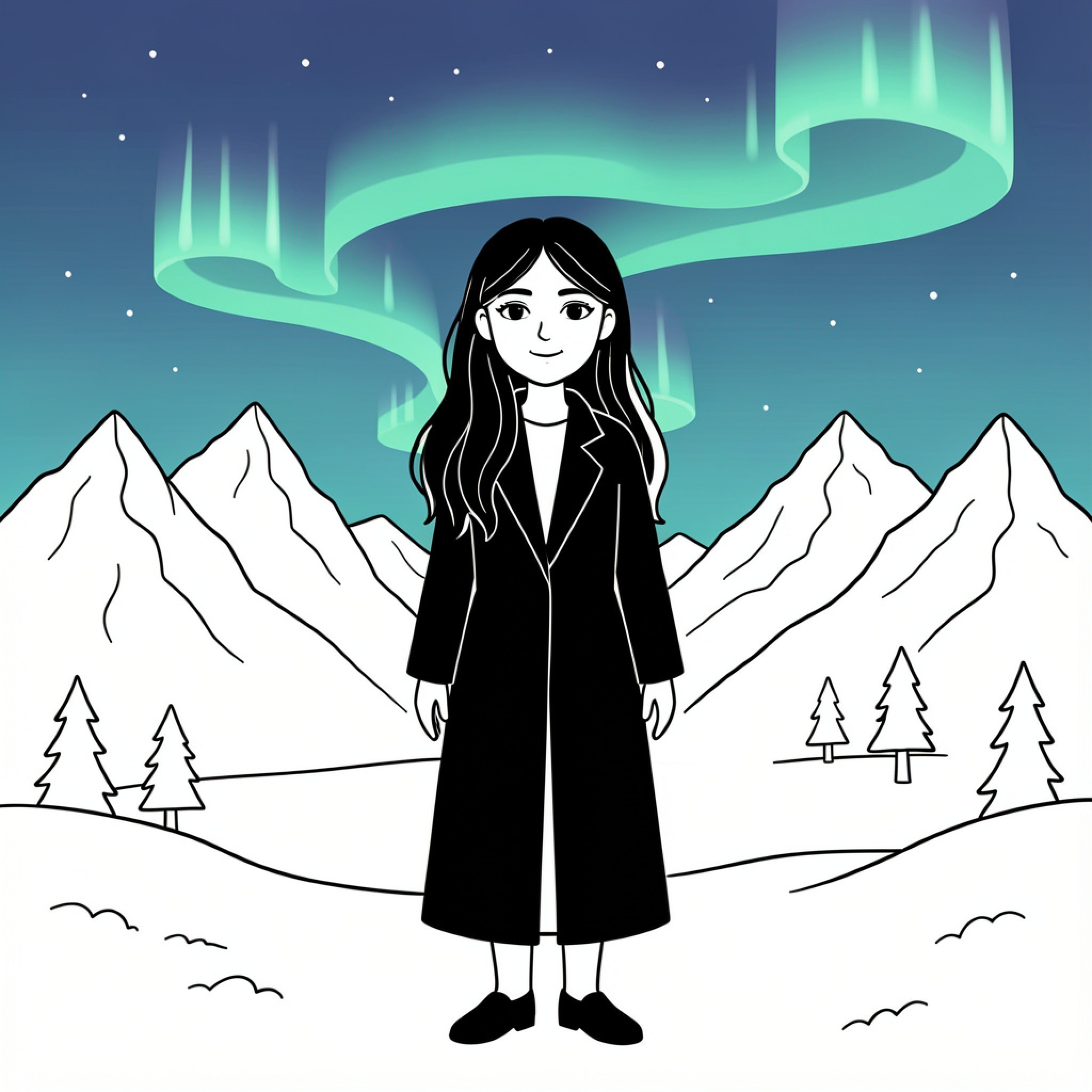 Easy Girl standing peacefully under the aurora lights Drawing Idea (free black-and-white line drawing printable PDF for all, from beginners to advanced learners, including children, teens, adults, and seniors)