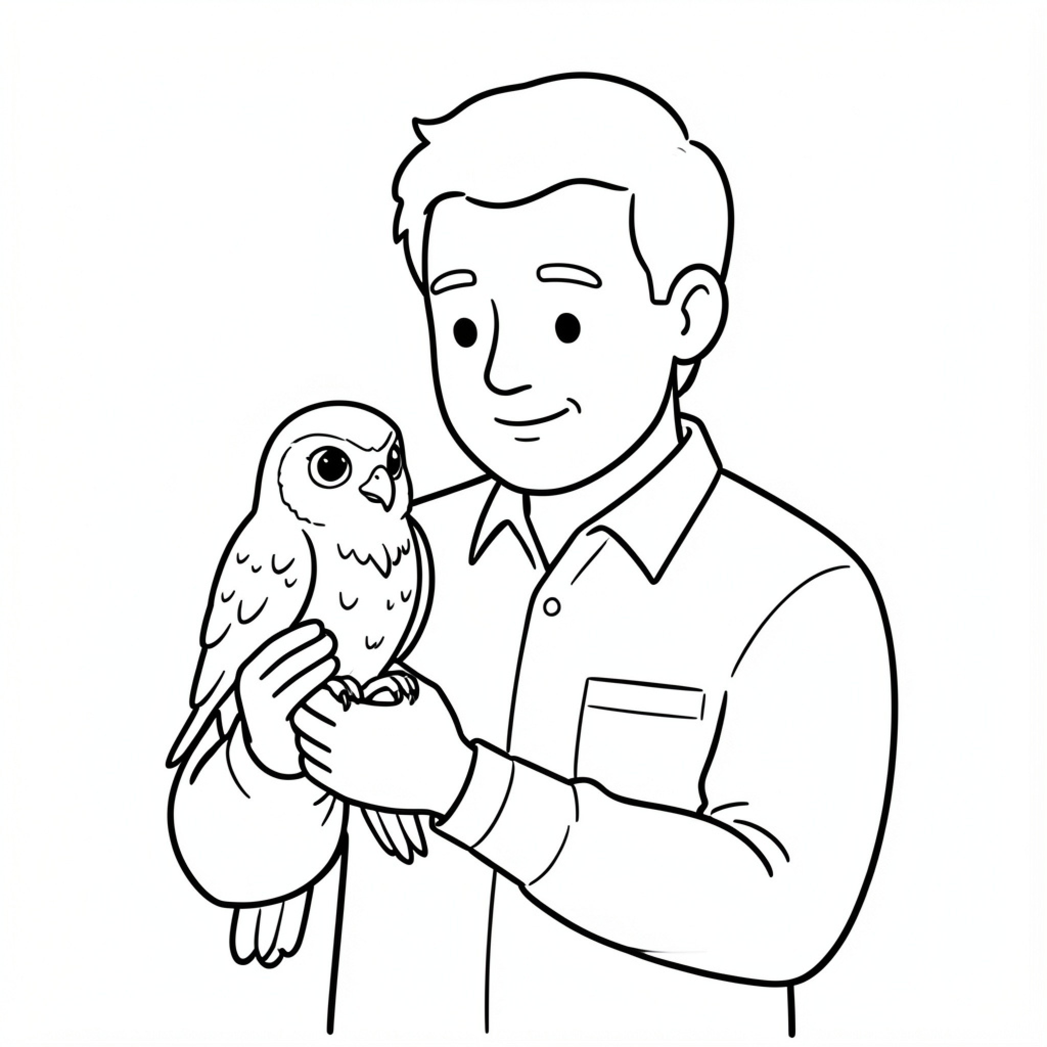 Easy Vikash Tatayah man holding a small owl Drawing Idea (free black-and-white line drawing printable PDF for all, from beginners to advanced learners, including children, teens, adults, and seniors)