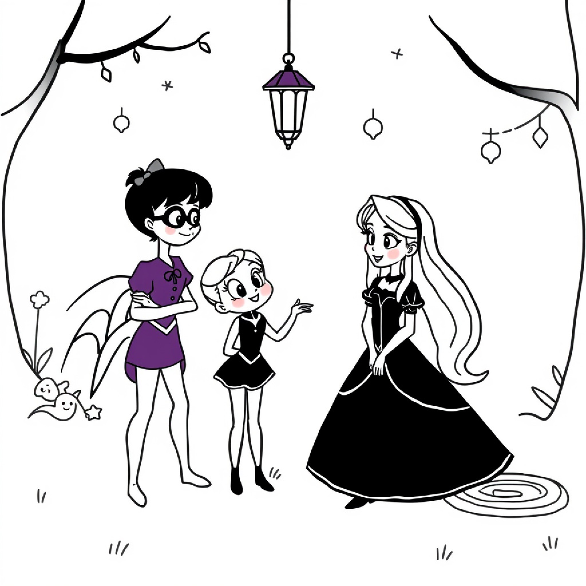 Easy Miraculous characters interacting in a magical setting Drawing Idea (free black-and-white line drawing printable PDF for all, from beginners to advanced learners, including children, teens, adults, and seniors)