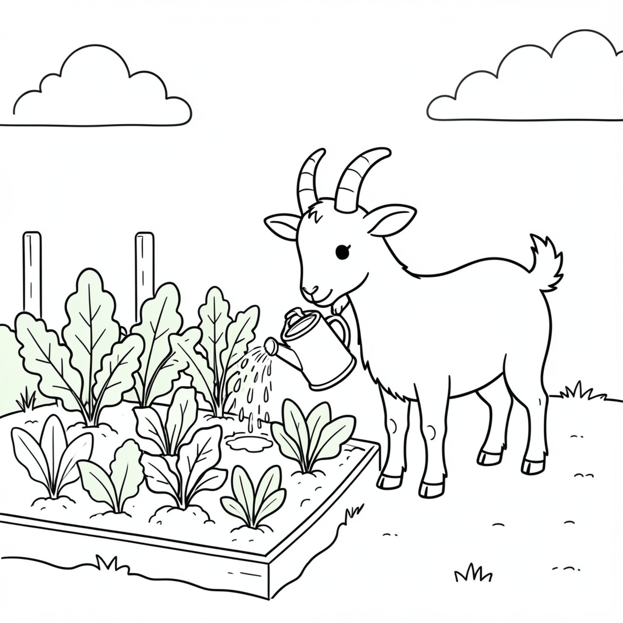 Easy Goat watering plants in a small garden Drawing Idea (free black-and-white line drawing printable PDF for all, from beginners to advanced learners, including children, teens, adults, and seniors)