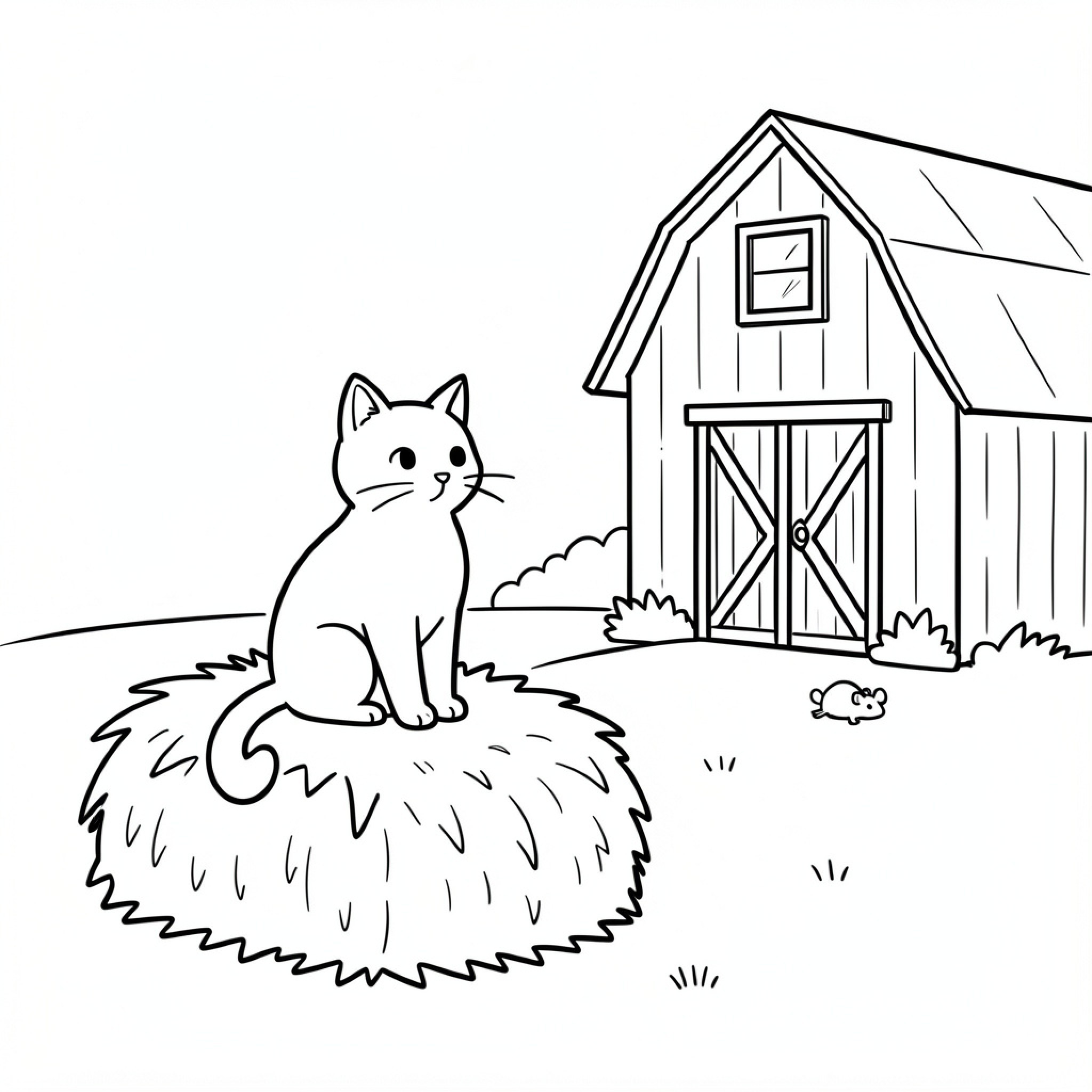 Easy Cat sitting on a hay bale near a barn Drawing Idea (free black-and-white line drawing printable PDF for all, from beginners to advanced learners, including children, teens, adults, and seniors)