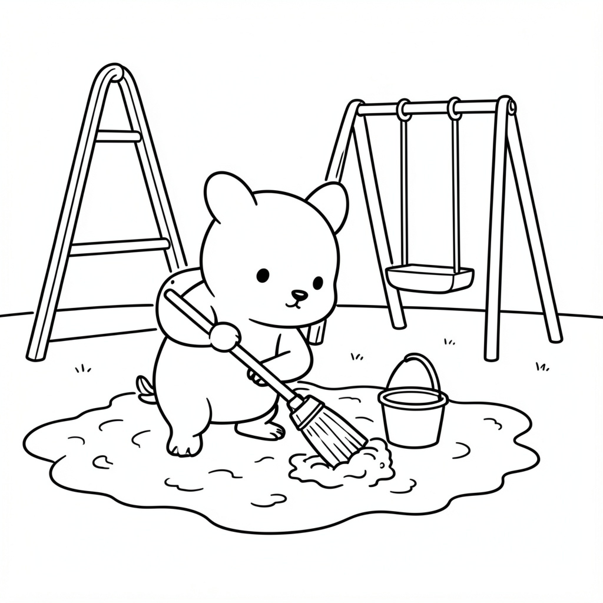 Easy Pig sweeping a puddle with a broom Drawing Idea (free black-and-white line drawing printable PDF for all, from beginners to advanced learners, including children, teens, adults, and seniors)