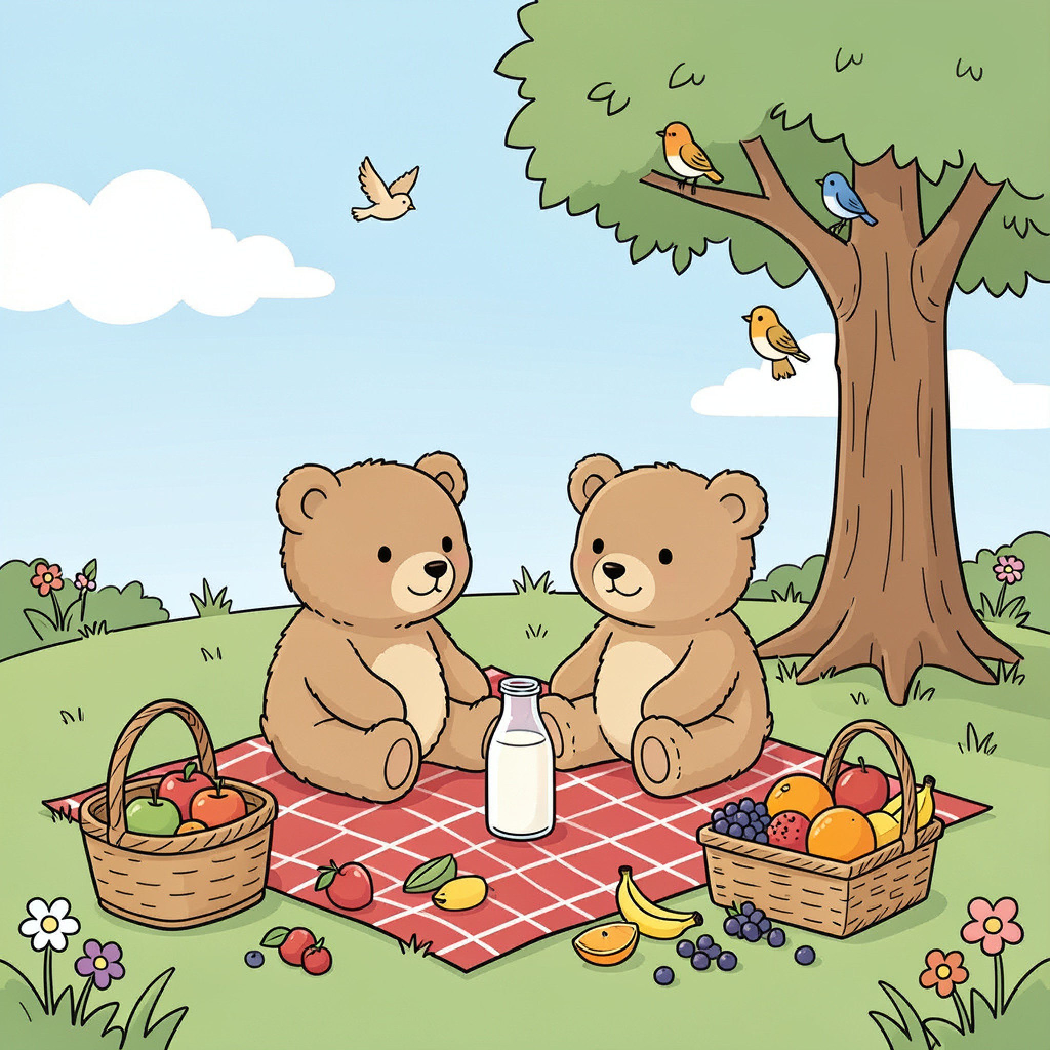 Easy Teddy Bears having a picnic under a tree Drawing Idea (free black-and-white line drawing printable PDF for all, from beginners to advanced learners, including children, teens, adults, and seniors)