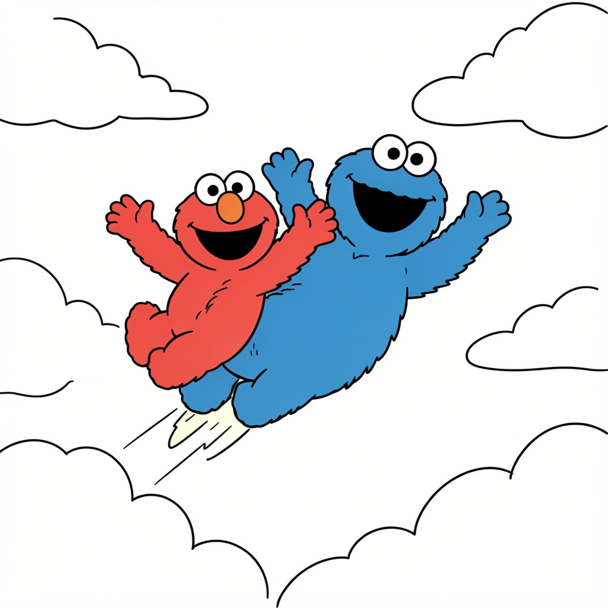 Easy Elmo and friend flying happily through the clouds Drawing Idea (free black-and-white line drawing printable PDF for all, from beginners to advanced learners, including children, teens, adults, and seniors)