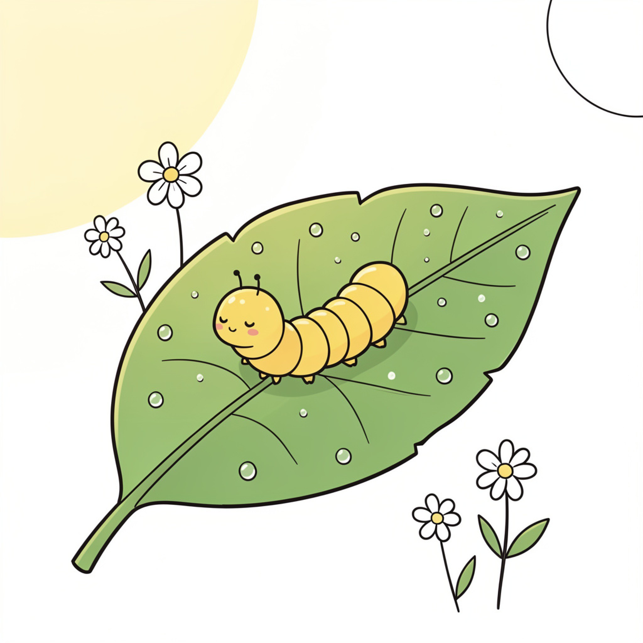 Easy Caterpillar resting peacefully on a large leaf Drawing Idea (free black-and-white line drawing printable PDF for all, from beginners to advanced learners, including children, teens, adults, and seniors)