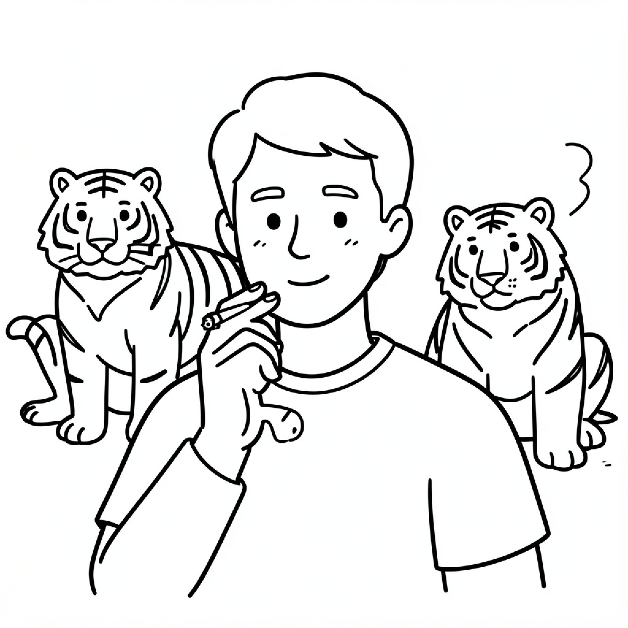 Easy Tiger man smiling while holding a cigarette Drawing Idea (free black-and-white line drawing printable PDF for all, from beginners to advanced learners, including children, teens, adults, and seniors)