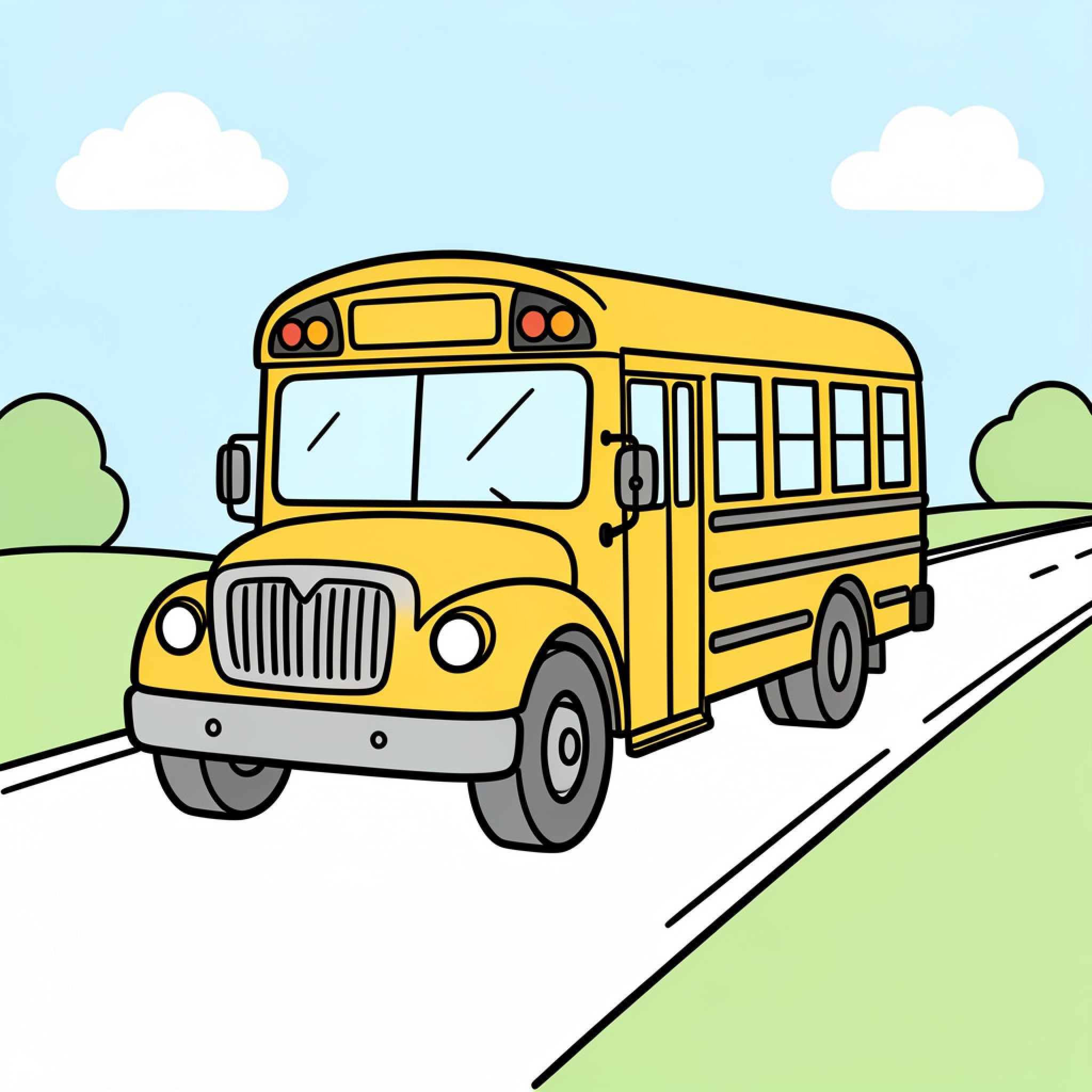 Easy School Bus driving along a quiet road Drawing Idea (free black-and-white line drawing printable PDF for all, from beginners to advanced learners, including children, teens, adults, and seniors)